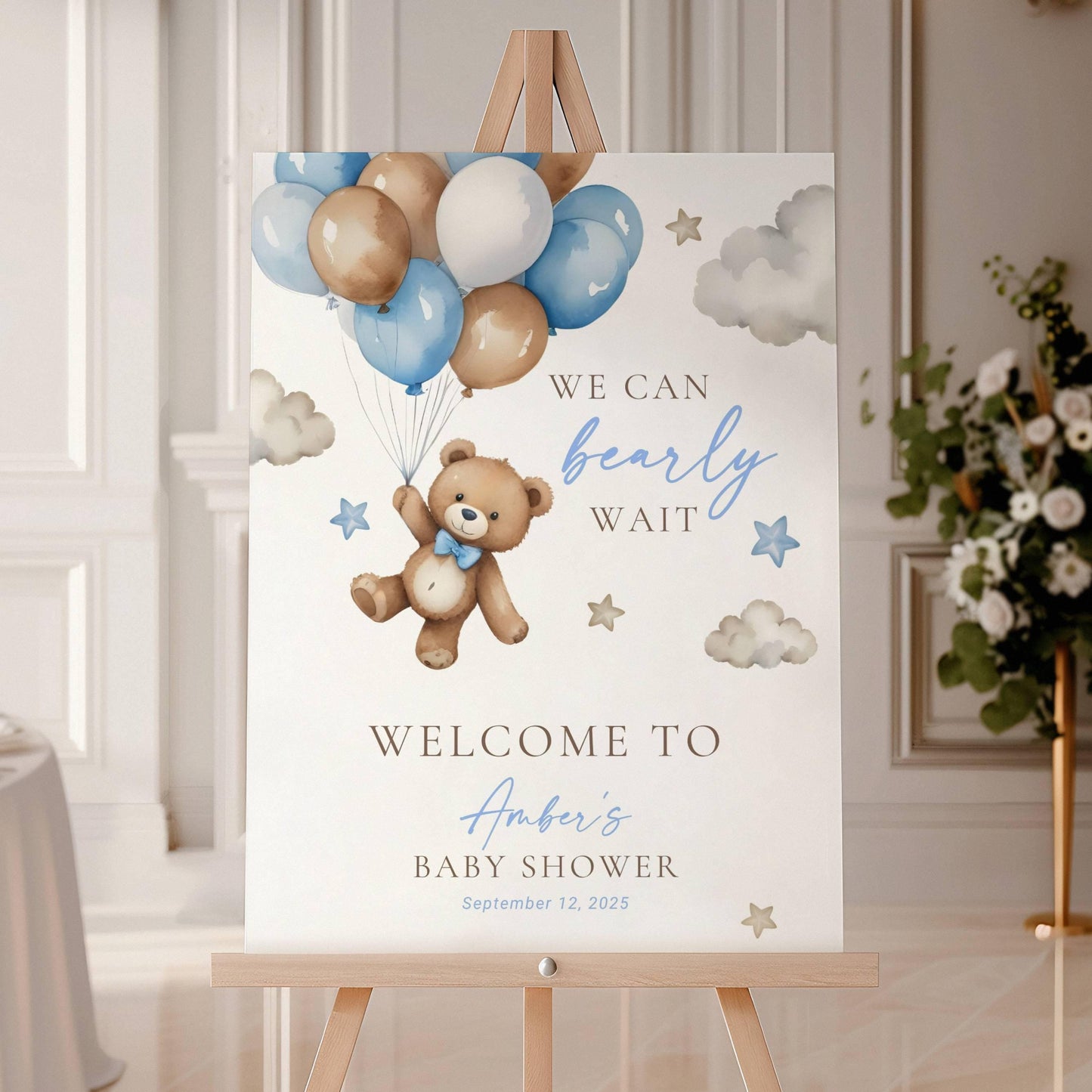 Teddy Bear Welcome Sign We Can Bearly Wait Baby Shower Sign Bear Ballon Baby Boy Shower Decor Blue We Can Bearly Wait Board Canva Template - LAUMIANstudio