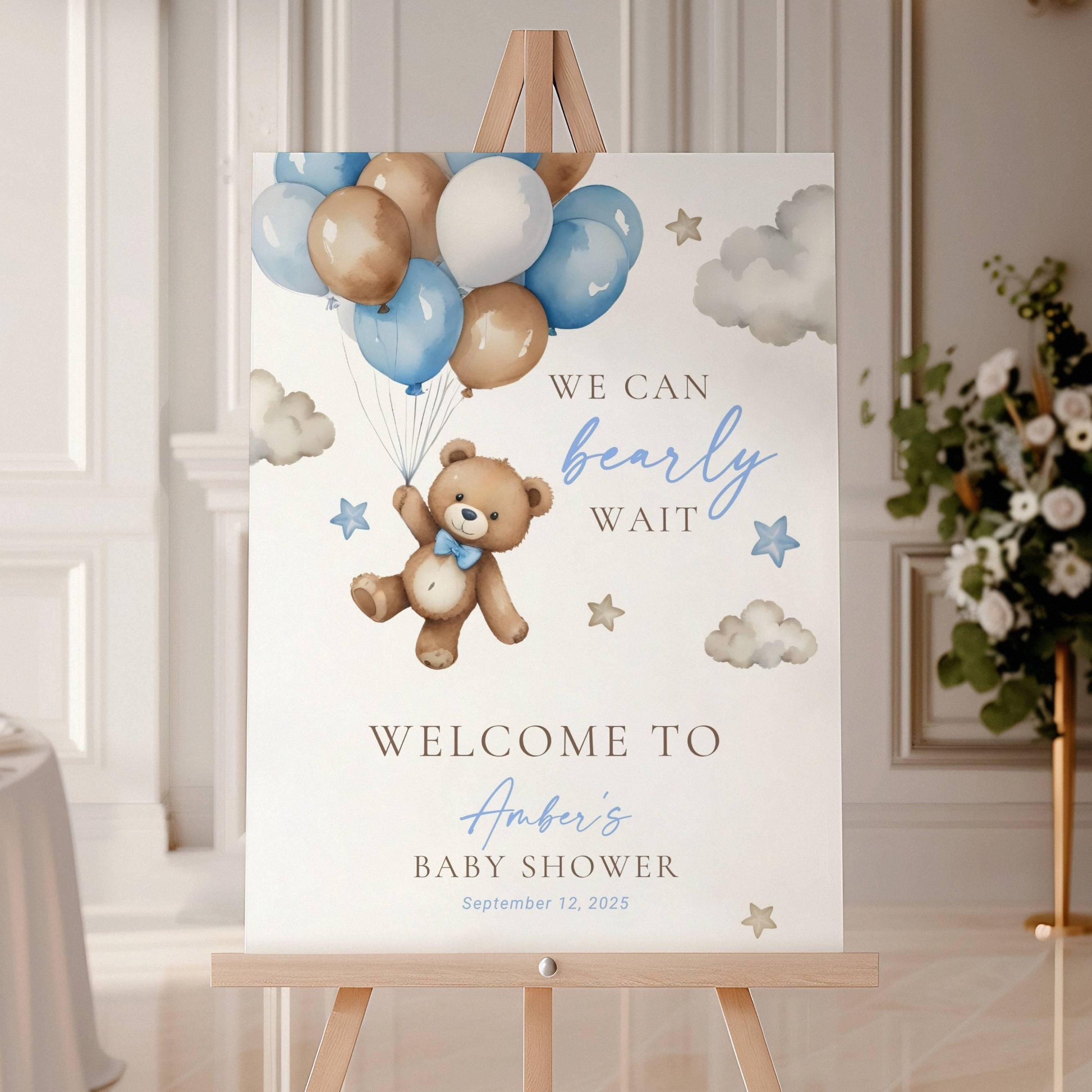 Teddy Bear Welcome Sign We Can Bearly Wait Baby Shower Sign Bear Ballon Baby Boy Shower Decor Blue We Can Bearly Wait Board Canva Template - LAUMIANstudio