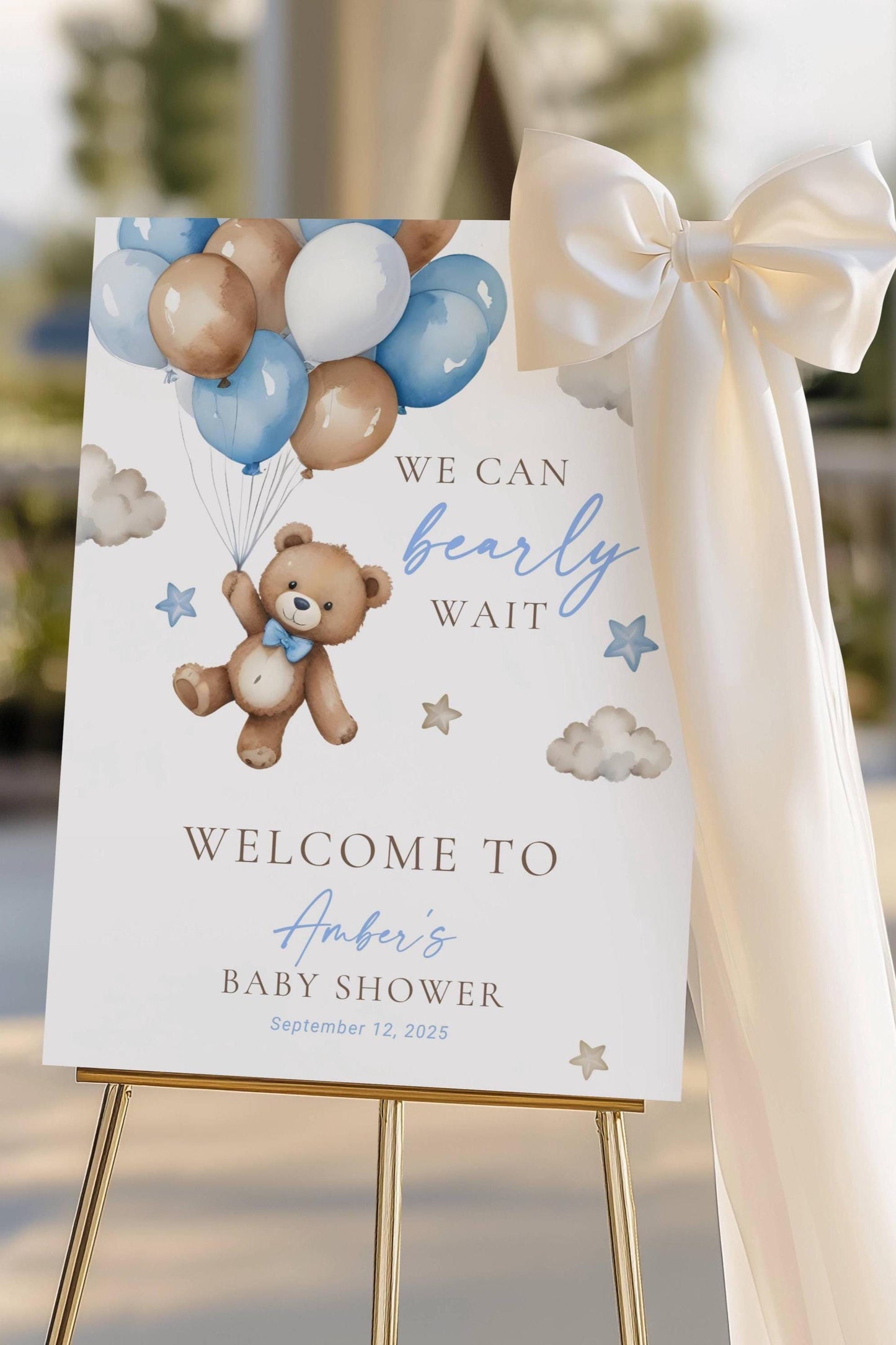 Teddy Bear Welcome Sign We Can Bearly Wait Baby Shower Sign Bear Ballon Baby Boy Shower Decor Blue We Can Bearly Wait Board Canva Template - LAUMIANstudio