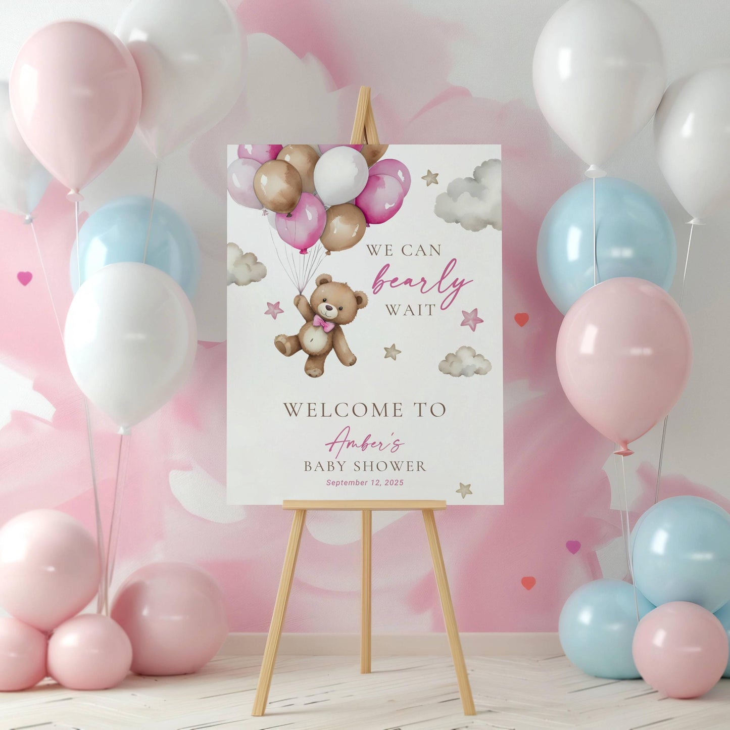 Editable Bear Balloon Baby Shower Welcome Sign Pink We Can Bearly Wait Shower Poster Boho Baby Girl Shower Decor Pink Teddy Bear Board - LAUMIANstudio