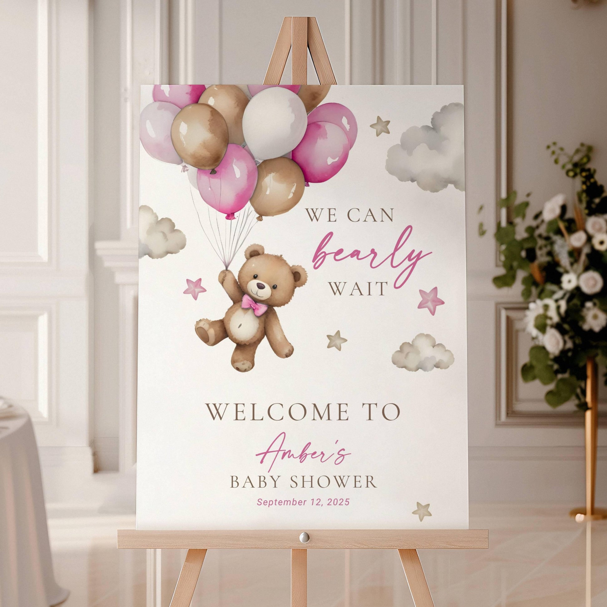 Editable Bear Balloon Baby Shower Welcome Sign Pink We Can Bearly Wait Shower Poster Boho Baby Girl Shower Decor Pink Teddy Bear Board - LAUMIANstudio