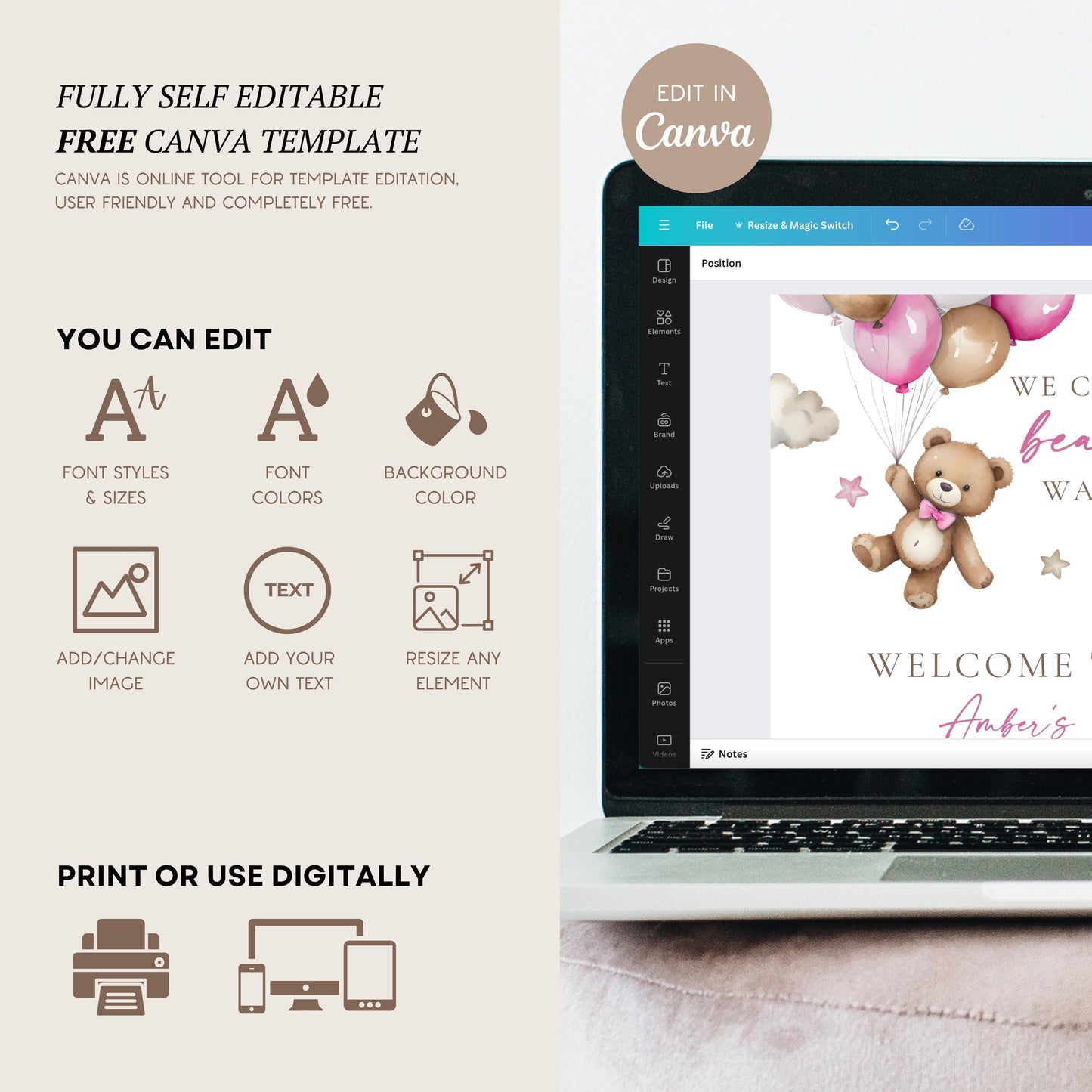 Editable Bear Balloon Baby Shower Welcome Sign Pink We Can Bearly Wait Shower Poster Boho Baby Girl Shower Decor Pink Teddy Bear Board - LAUMIANstudio