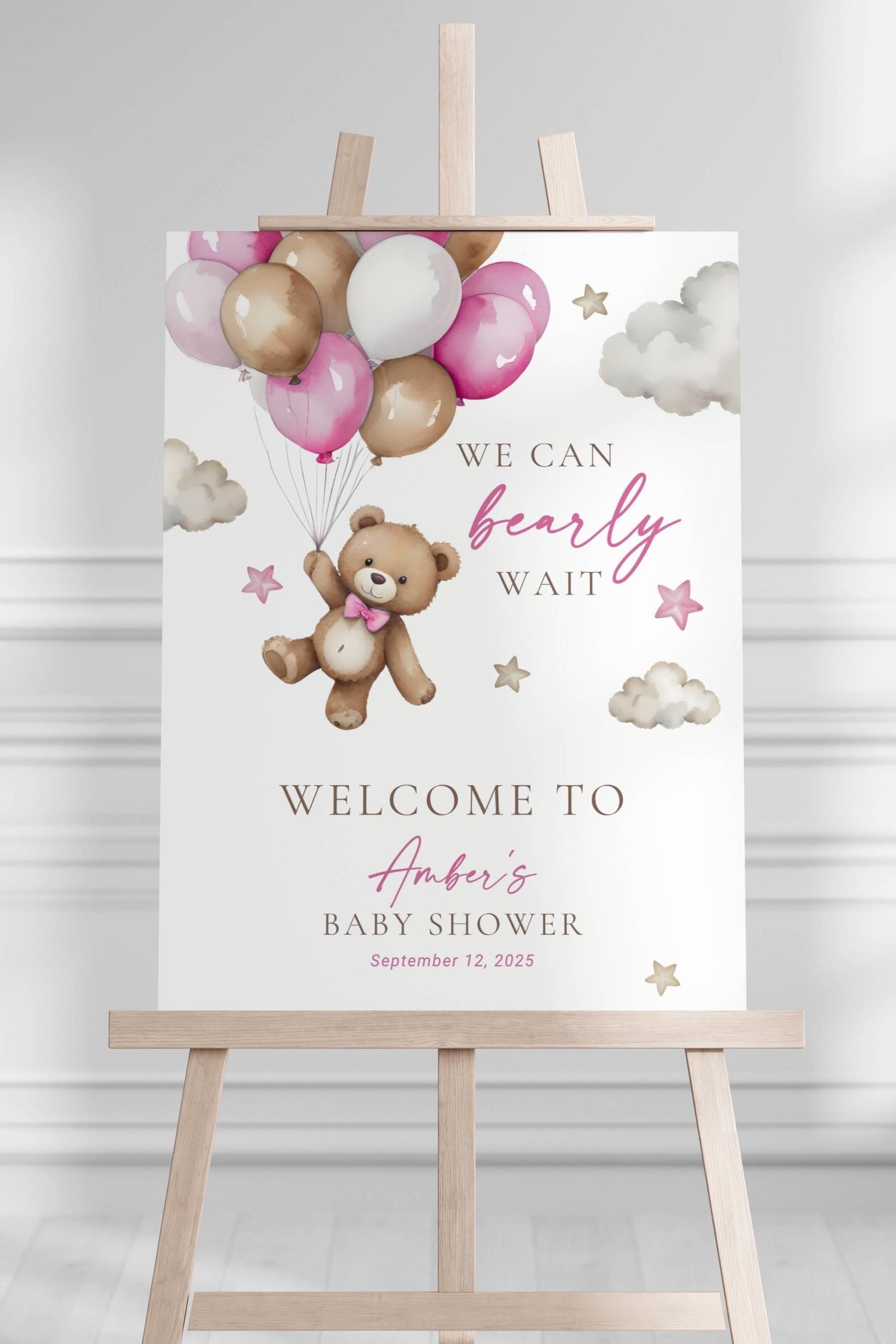 Editable Bear Balloon Baby Shower Welcome Sign Pink We Can Bearly Wait Shower Poster Boho Baby Girl Shower Decor Pink Teddy Bear Board - LAUMIANstudio