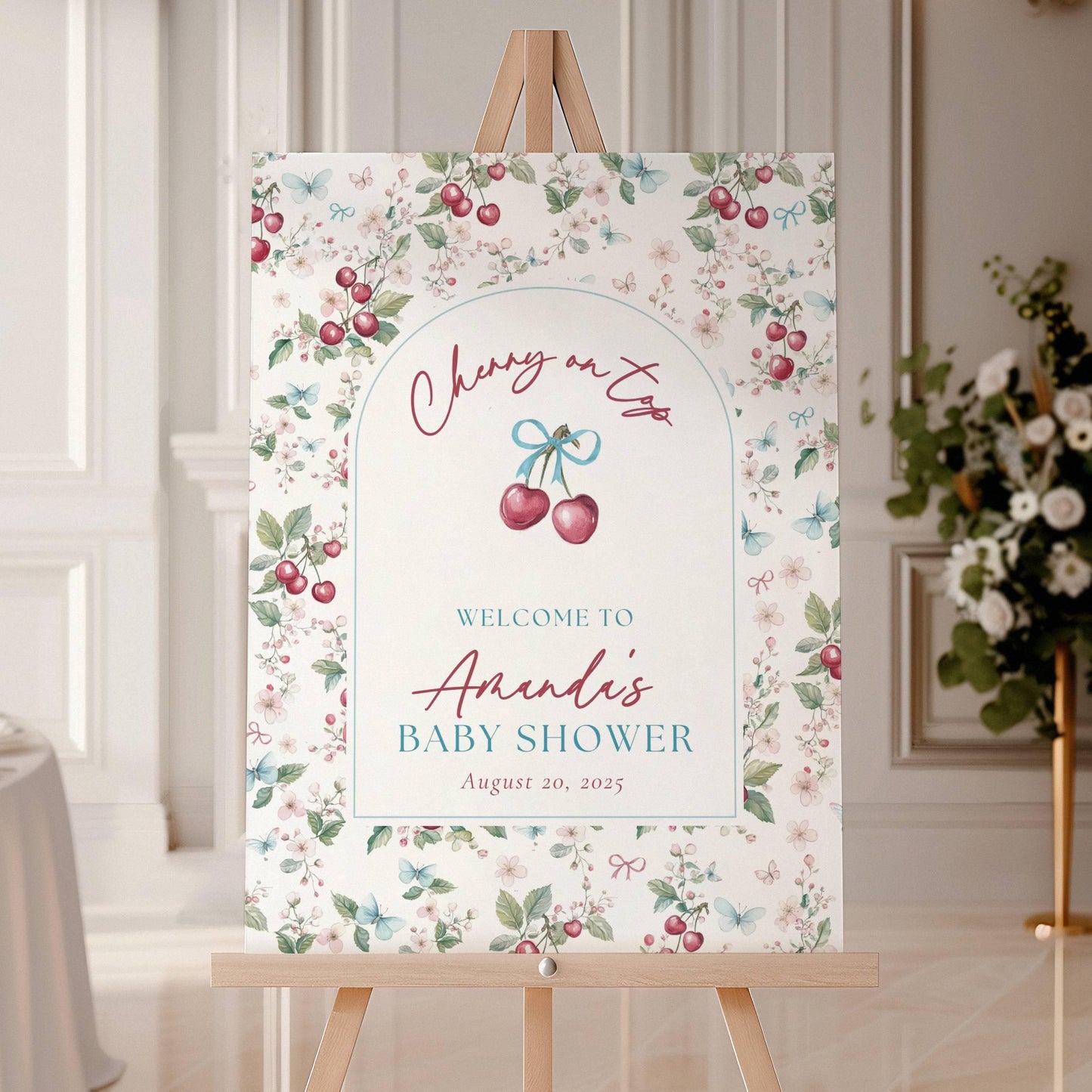 Custom Cherry On Top Baby Shower Sign Coquette Cherry Shower Welcome Sign Cherry Bow Editable Template Welcome Banner Cherry on Top Sign - LAUMIANstudio