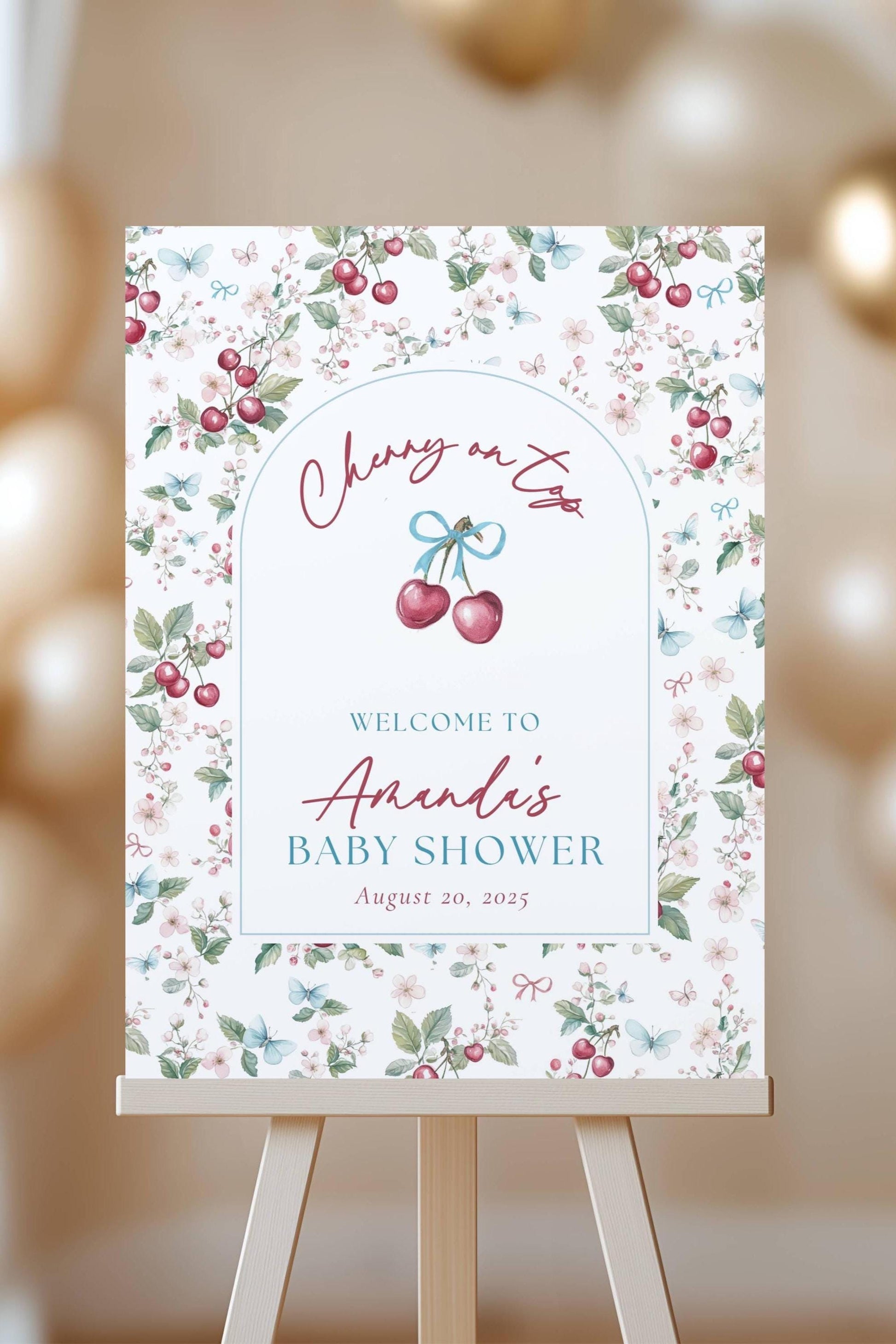 Custom Cherry On Top Baby Shower Sign Coquette Cherry Shower Welcome Sign Cherry Bow Editable Template Welcome Banner Cherry on Top Sign - LAUMIANstudio