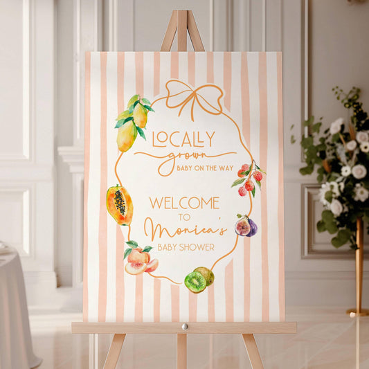 Summer Baby Shower Welcome Sign Orange Stripe Sign Editable Template Exotic Fruit Poster Baby Shower Locally Grown Baby on the Way Poster - LAUMIANstudio