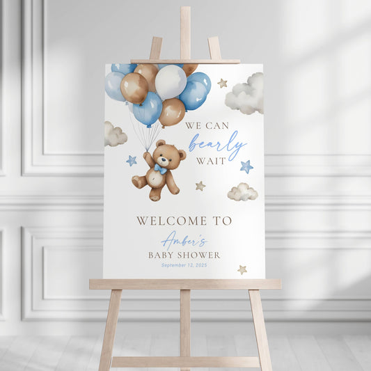 Teddy Bear Welcome Sign We Can Bearly Wait Baby Shower Sign Bear Ballon Baby Boy Shower Decor Blue We Can Bearly Wait Board Canva Template - LAUMIANstudio