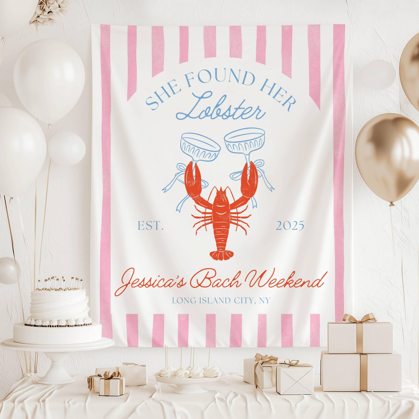 Lobster Bachelorette Backdrop She Found Her Lobster Party Decor Lobster Martini Bridal Shower Custom Banner Orange Lobster Wall Tapestry - LAUMIANstudio