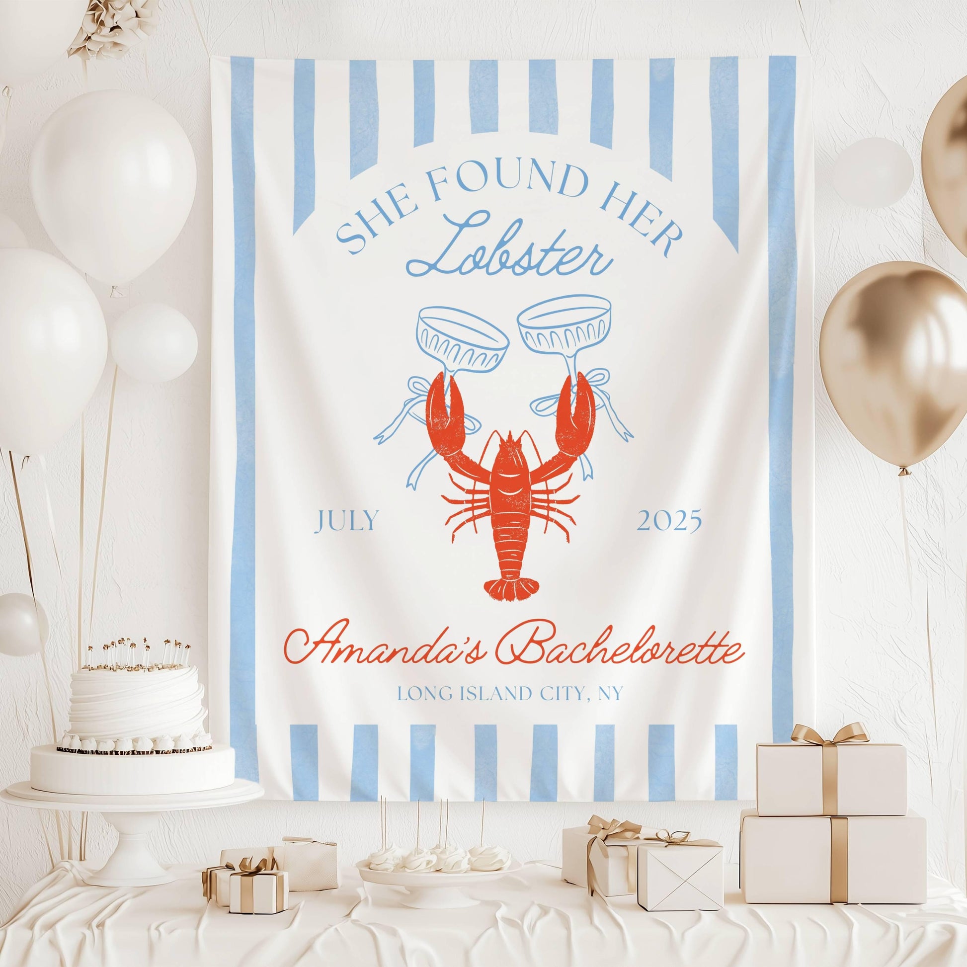 Lobster Bachelorette Backdrop She Found Her Lobster Party Decor Lobster Martini Bridal Shower Custom Banner Orange Lobster Wall Tapestry - LAUMIANstudio