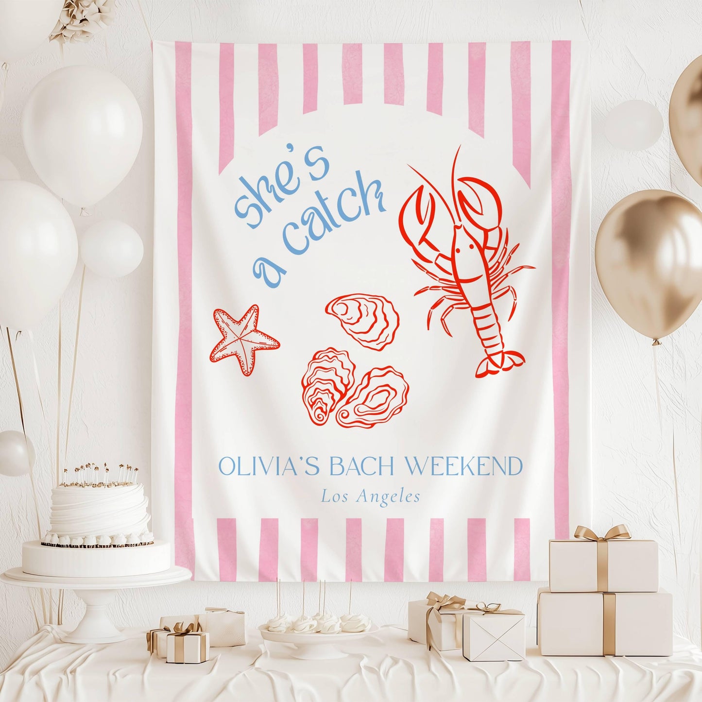 She's a Catch Bachelorette Banner Personalized Lobster Bridal Shower Backdrop Fabric Banner She is a Catch Party Coastal Bachelorette Banner - LAUMIANstudio