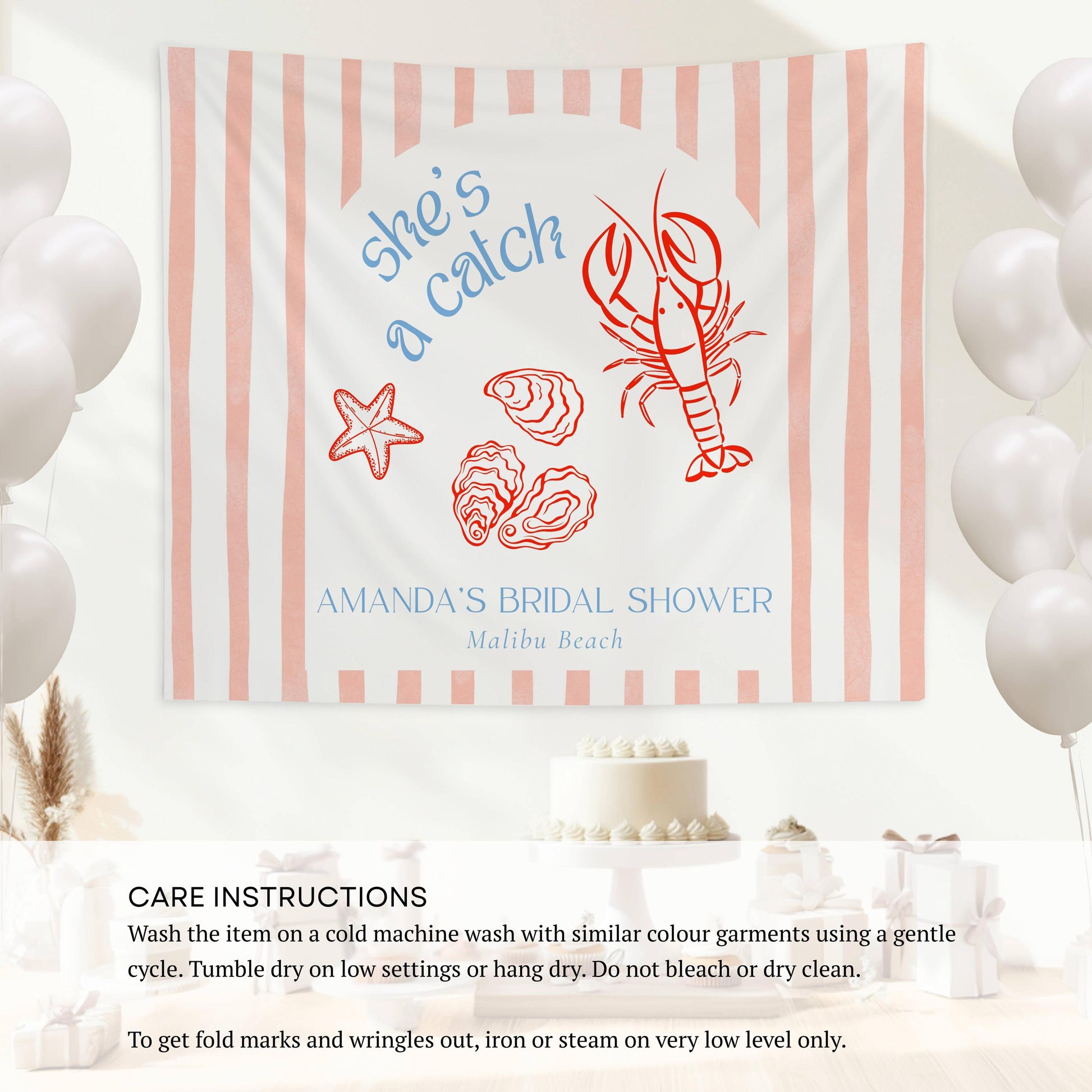 She's a Catch Bachelorette Banner Personalized Lobster Bridal Shower Backdrop Fabric Banner She is a Catch Party Coastal Bachelorette Banner - LAUMIANstudio