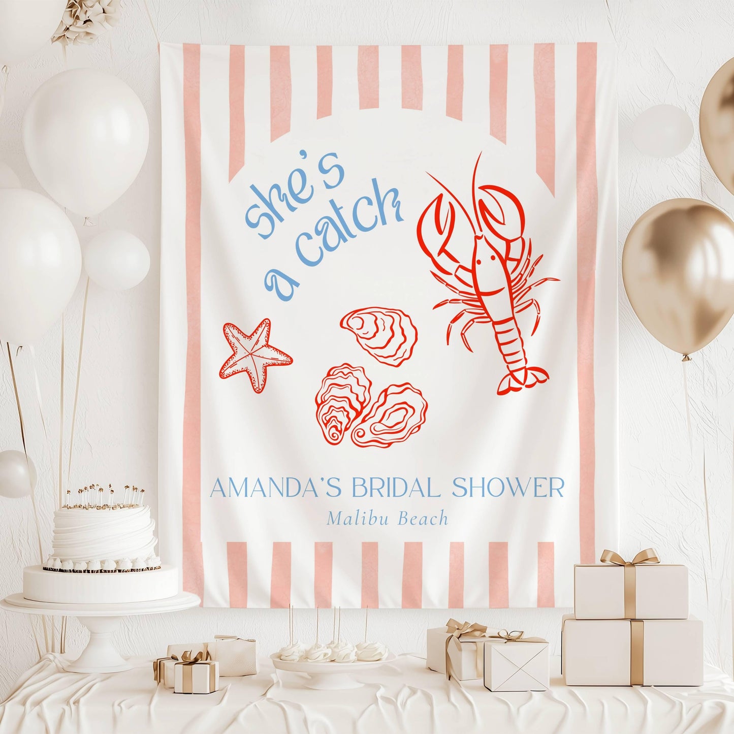 She's a Catch Bachelorette Banner Personalized Lobster Bridal Shower Backdrop Fabric Banner She is a Catch Party Coastal Bachelorette Banner - LAUMIANstudio