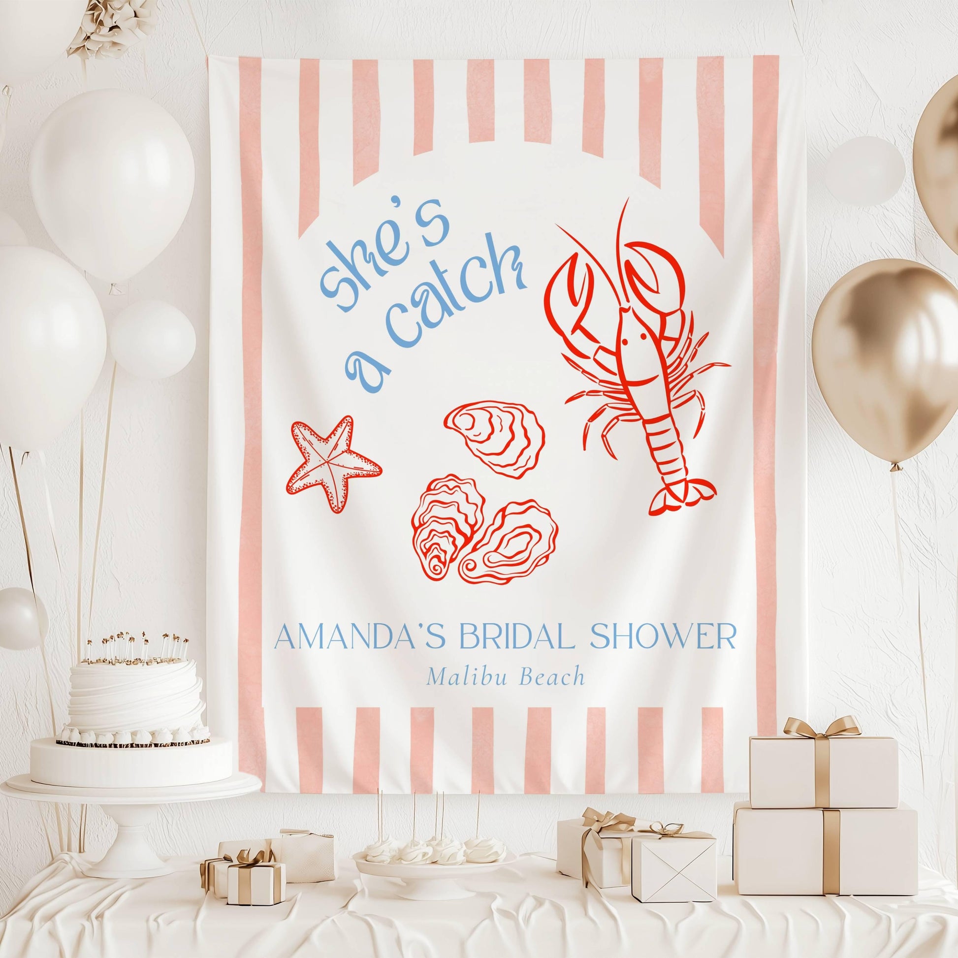 She's a Catch Bachelorette Banner Personalized Lobster Bridal Shower Backdrop Fabric Banner She is a Catch Party Coastal Bachelorette Banner - LAUMIANstudio