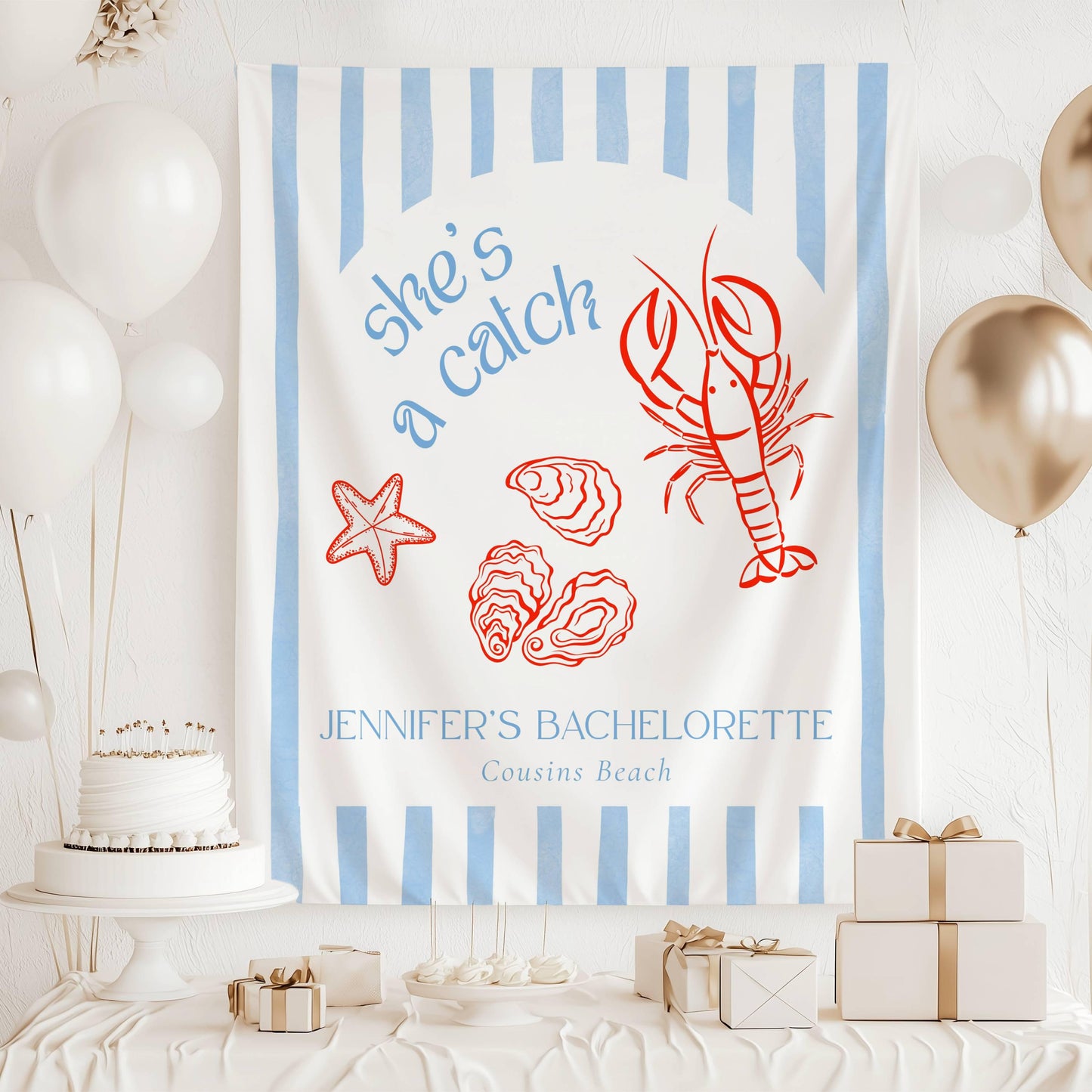 Shes a Catch Bachelorette Party Sign Custom Coastal Bach Party Banner East Coast Bridal Shower Photo Backdrop Lobster Bridal Shower Decor - LAUMIANstudio