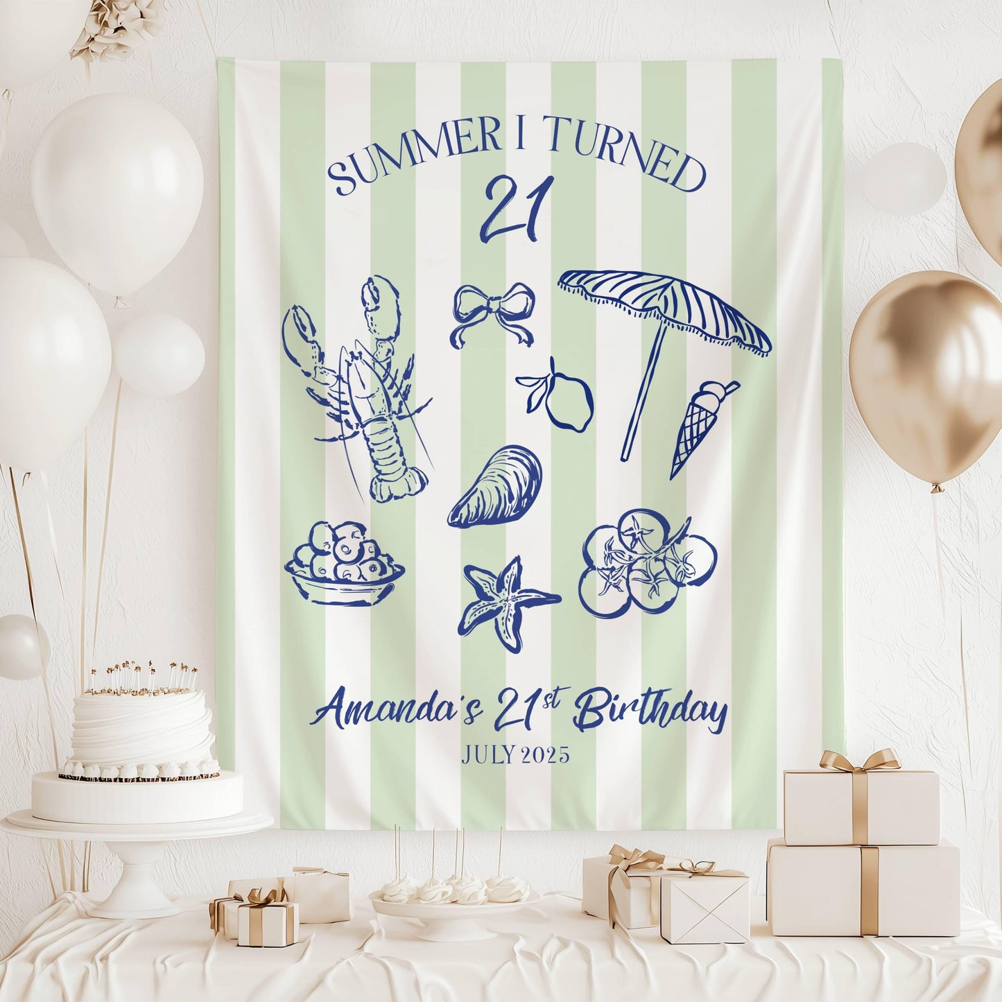 21st Birthday Patry Decor Summer I Turned 21 Banner Personalized Twenty First Birthday Welcome Sign Summer Coastal Birthday Photo Backdrop - LAUMIANstudio