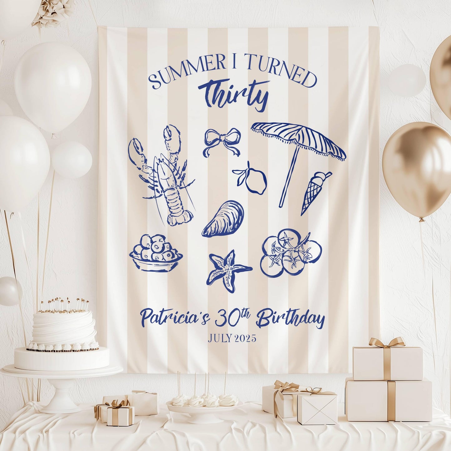 Summer I Turned Birthday Banner Custom Coastal Birthday Party Decor Beach 30th Birthday Tapestry Summer I Turned Thirty Photo Backdrop - LAUMIANstudio