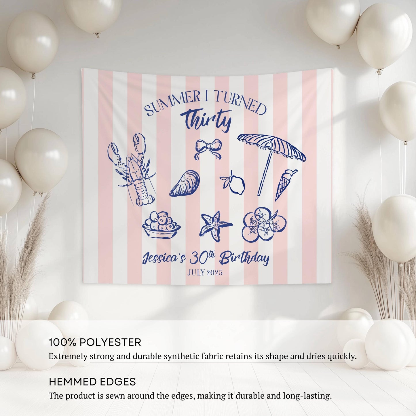 Summer I Turned Birthday Banner Custom Coastal Birthday Party Decor Beach 30th Birthday Tapestry Summer I Turned Thirty Photo Backdrop - LAUMIANstudio