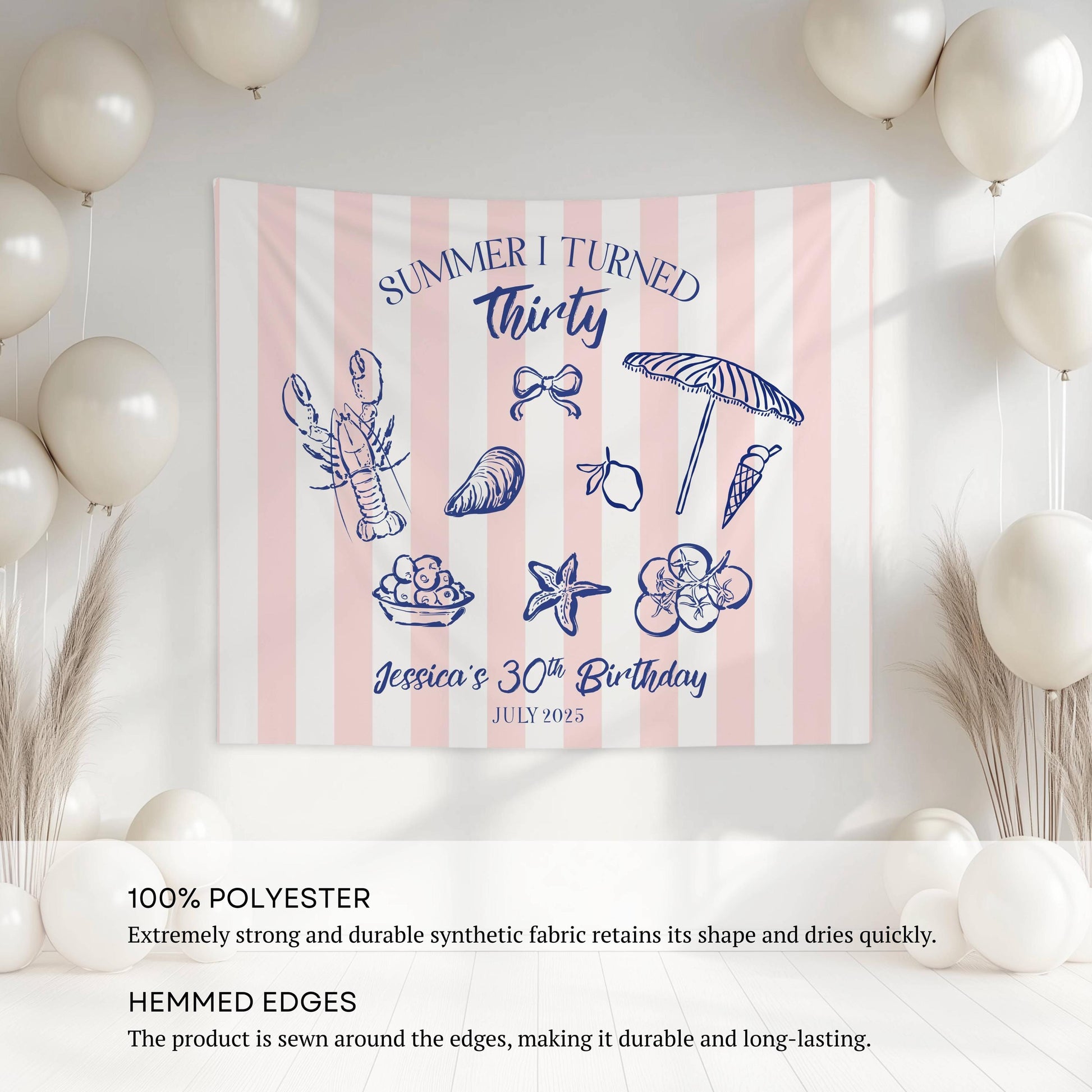 Summer I Turned Birthday Banner Custom Coastal Birthday Party Decor Beach 30th Birthday Tapestry Summer I Turned Thirty Photo Backdrop - LAUMIANstudio