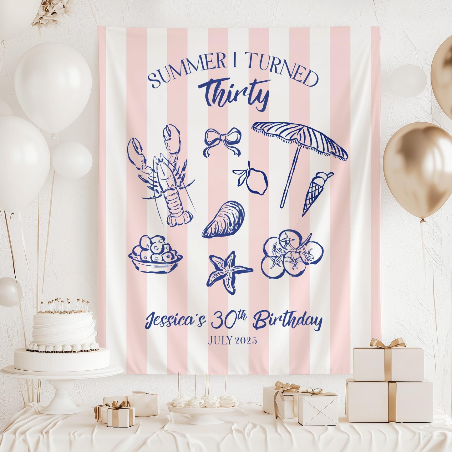 Summer I Turned Birthday Banner Custom Coastal Birthday Party Decor Beach 30th Birthday Tapestry Summer I Turned Thirty Photo Backdrop - LAUMIANstudio