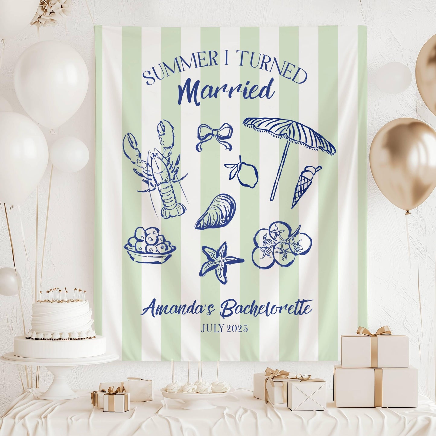 Summer I Turned Married Backdrop Custom Summer Wedding Photo Banner Coastal Bridal Shower Sign Beach Bachelorette Decor Lobster Seashell - LAUMIANstudio