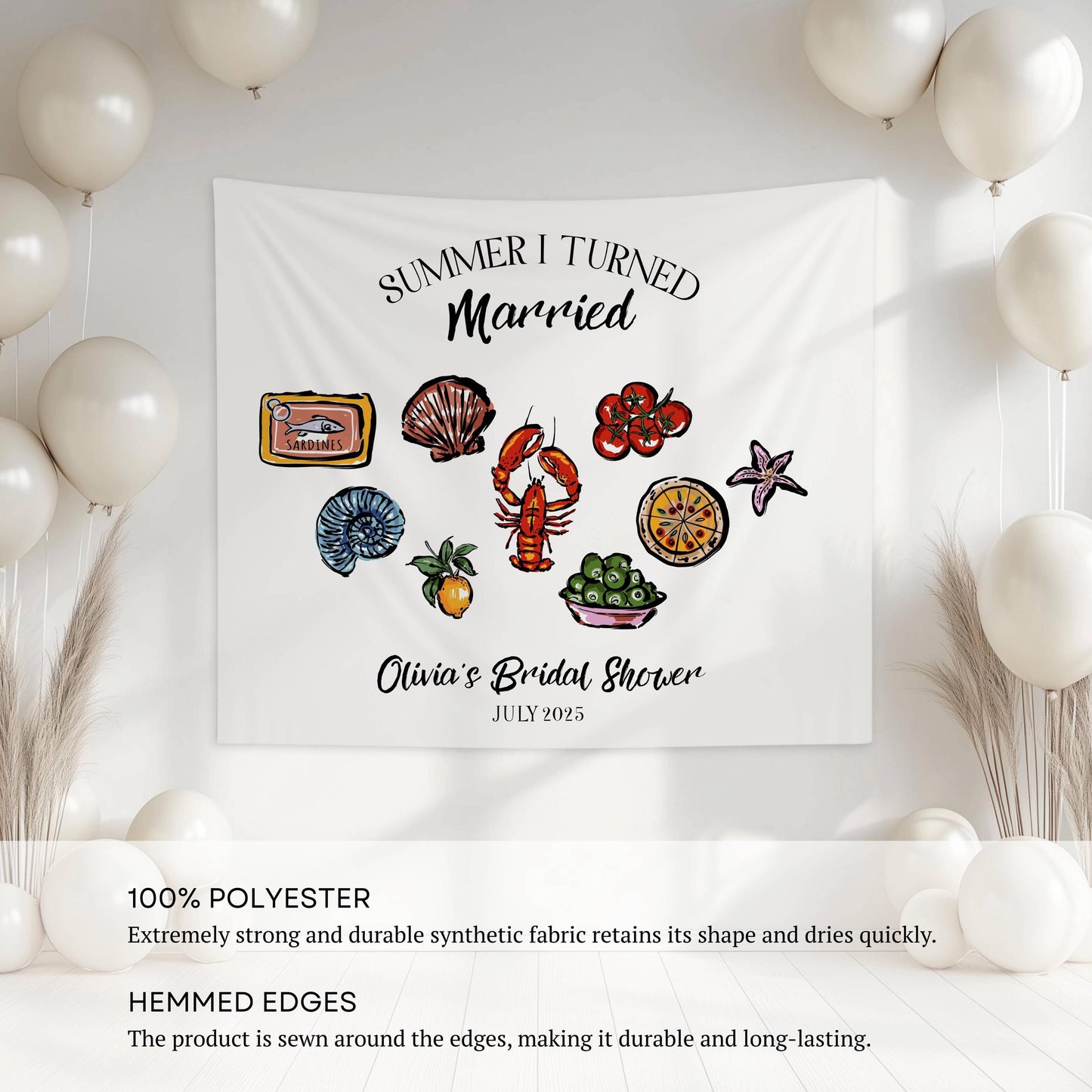 Coastal Summer I Turned Married Sign Custom Lobster Bridal Shower Banner Whimsical Seashell Fabric Backdrop Amalfi Coast Bachelorette Banner - LAUMIANstudio