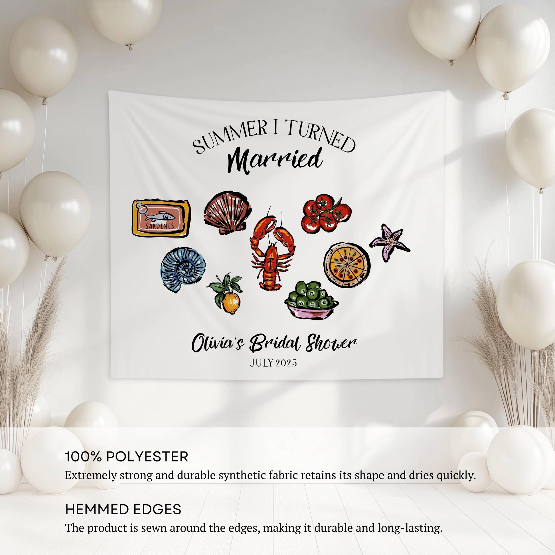 Coastal Summer I Turned Married Sign Custom Lobster Bridal Shower Banner Whimsical Seashell Fabric Backdrop Amalfi Coast Bachelorette Banner - LAUMIANstudio
