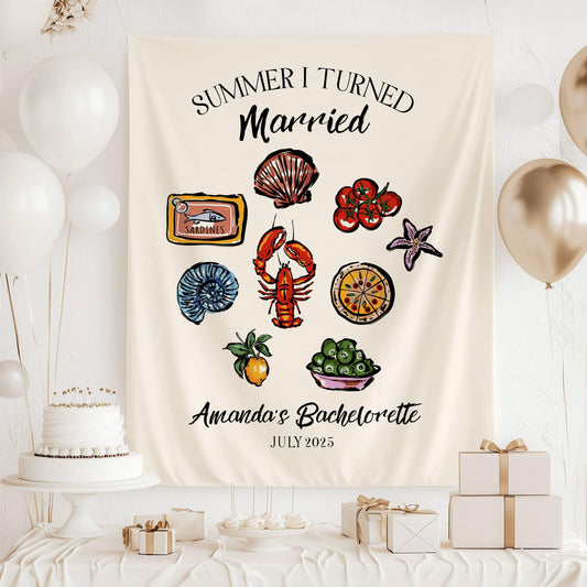Coastal Summer I Turned Married Sign Custom Lobster Bridal Shower Banner Whimsical Seashell Fabric Backdrop Amalfi Coast Bachelorette Banner - LAUMIANstudio
