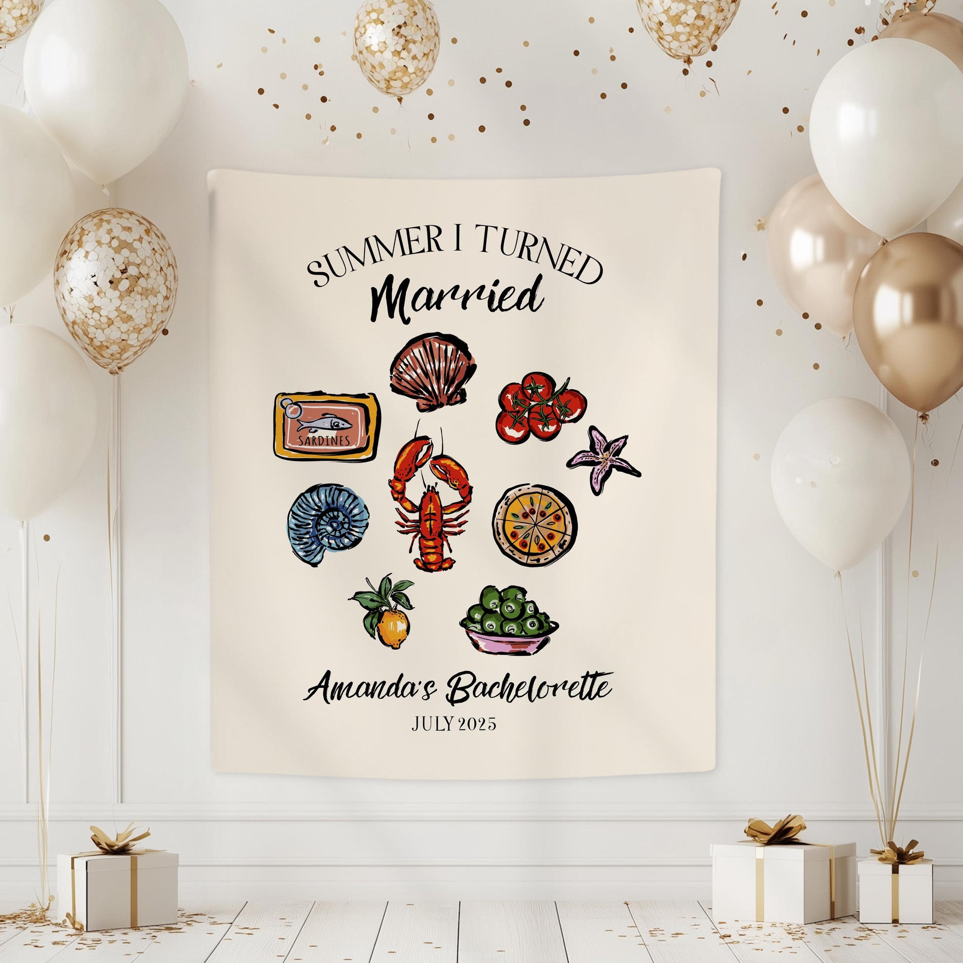 Coastal Summer I Turned Married Sign Custom Lobster Bridal Shower Banner Whimsical Seashell Fabric Backdrop Amalfi Coast Bachelorette Banner - LAUMIANstudio