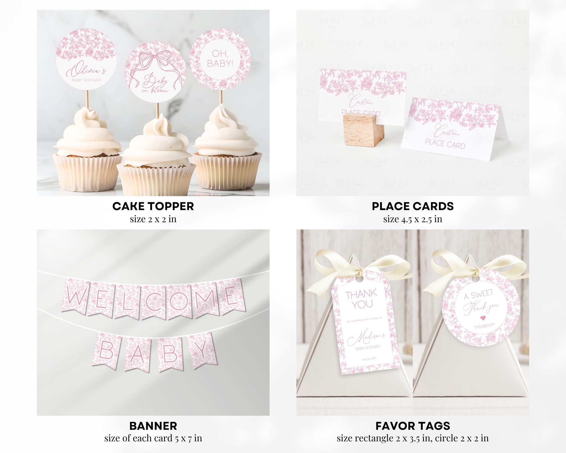 Pink Floral Baby Shower Bundle Editable Toile Flower Shower Bundle Template Dusty Pink Toile de Jouy Shower Decor Elegant Summer Shower Sign - LAUMIANstudio