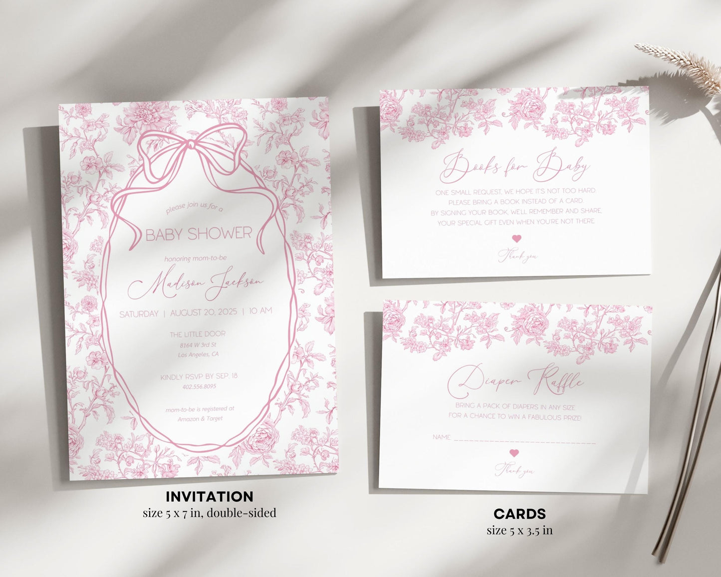 Baby in Bloom Baby Shower Bundle Dusty Pink Bow Baby Shower Sign Vintage Pink Invite Template Rose Bow Shower Bundle Chinoiserie Floral Sign - LAUMIANstudio