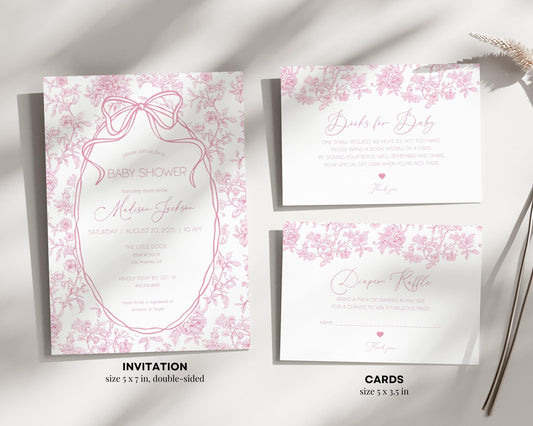 Baby in Bloom Baby Shower Bundle Dusty Pink Bow Baby Shower Sign Vintage Pink Invite Template Rose Bow Shower Bundle Chinoiserie Floral Sign - LAUMIANstudio
