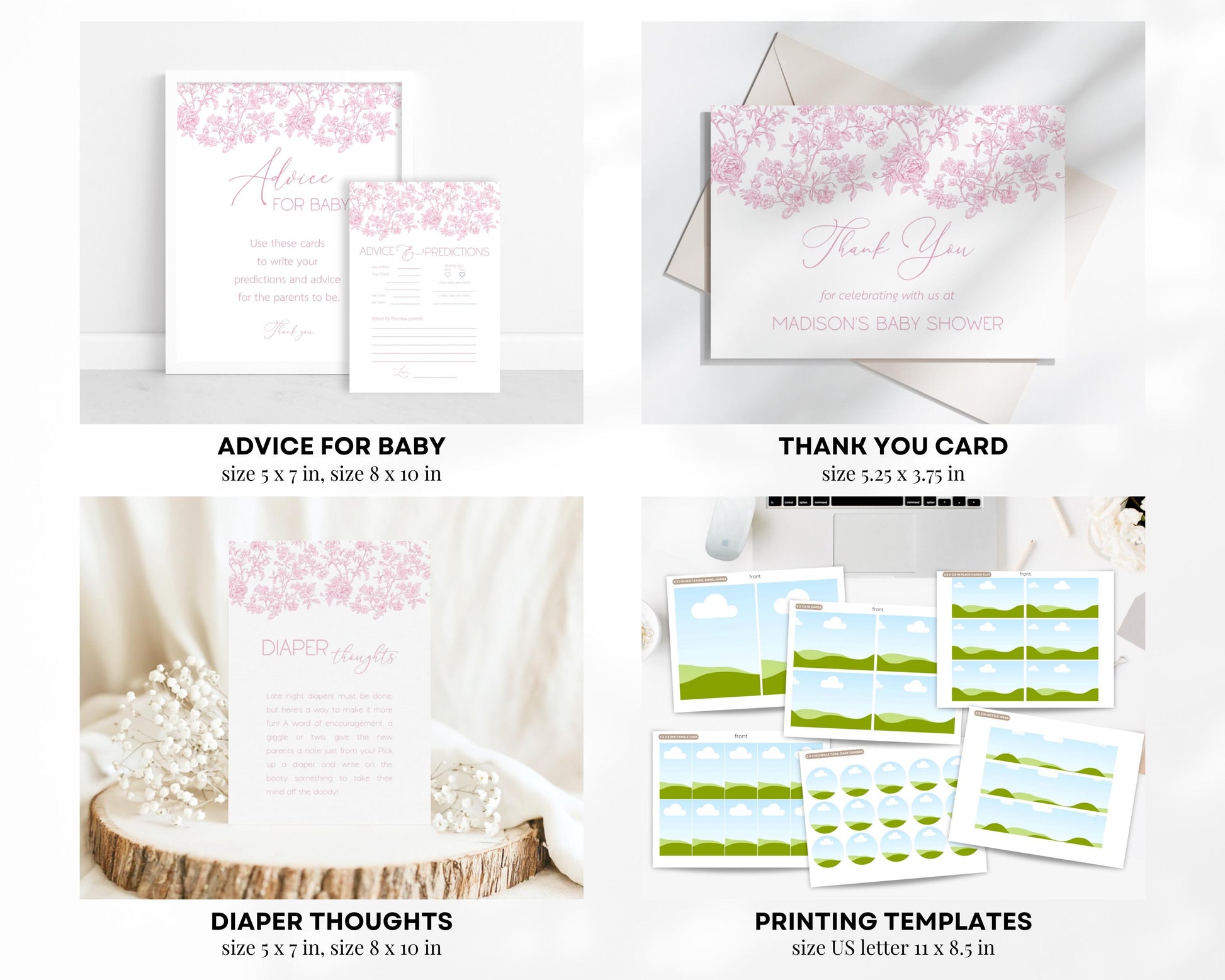 Pink Floral Baby Shower Bundle Editable Toile Flower Shower Bundle Template Dusty Pink Toile de Jouy Shower Decor Elegant Summer Shower Sign - LAUMIANstudio