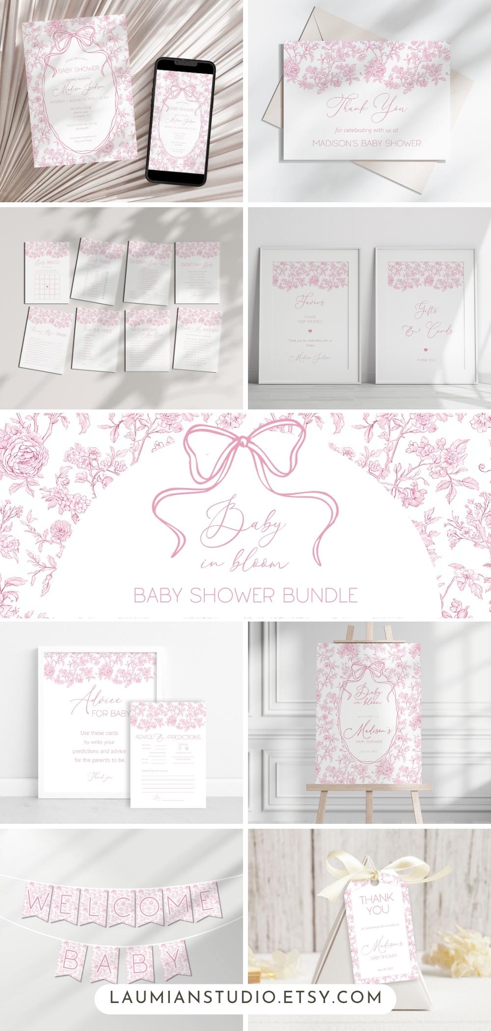 Pink Floral Baby Shower Bundle Editable Toile Flower Shower Bundle Template Dusty Pink Toile de Jouy Shower Decor Elegant Summer Shower Sign - LAUMIANstudio