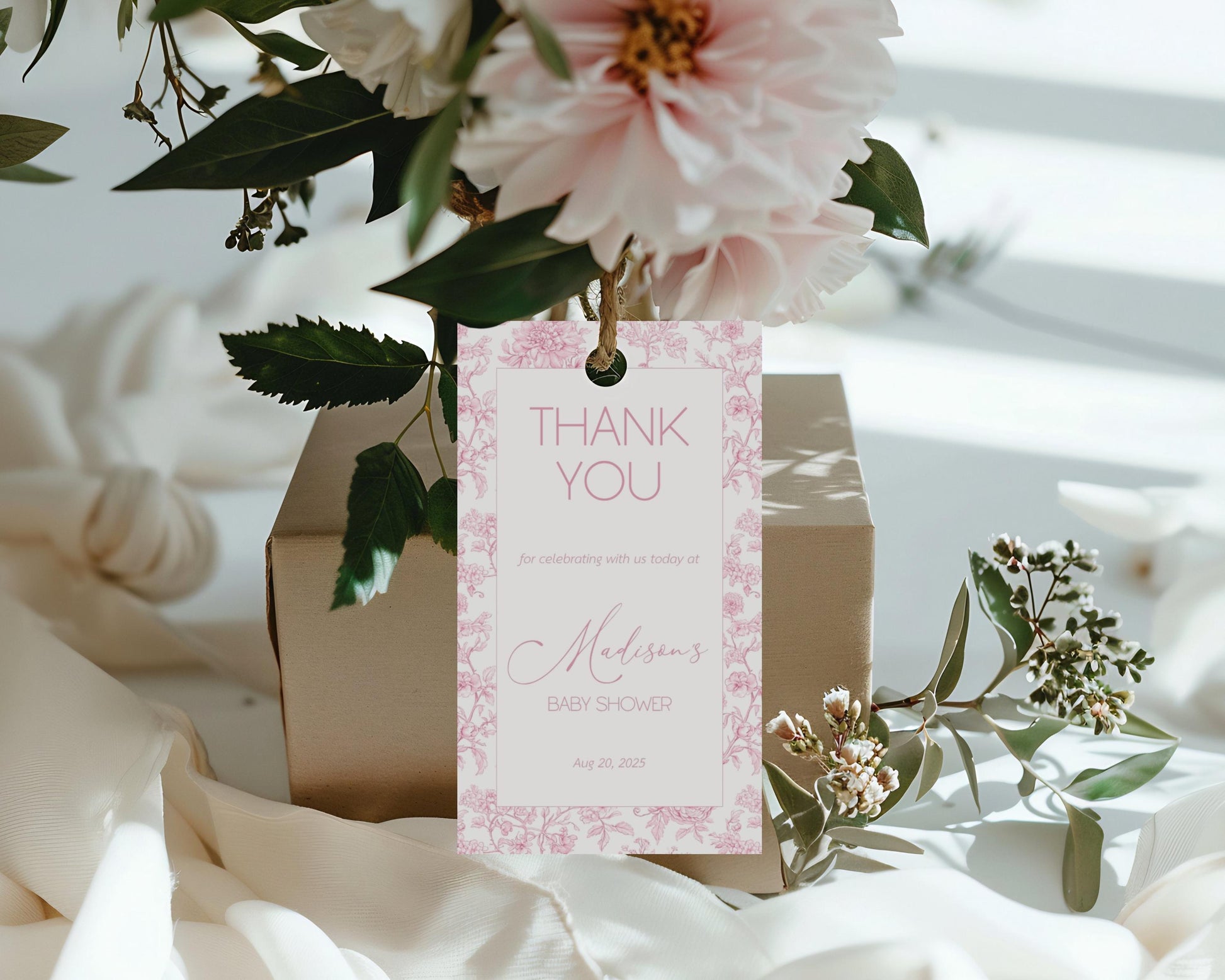 Pink Toile Floral Favor Tag Baby in Bloom Shower Circle Favor Tag Editable Template Rectangle Chinoiserie Favor Tag Printable Party Gift Tag - LAUMIANstudio