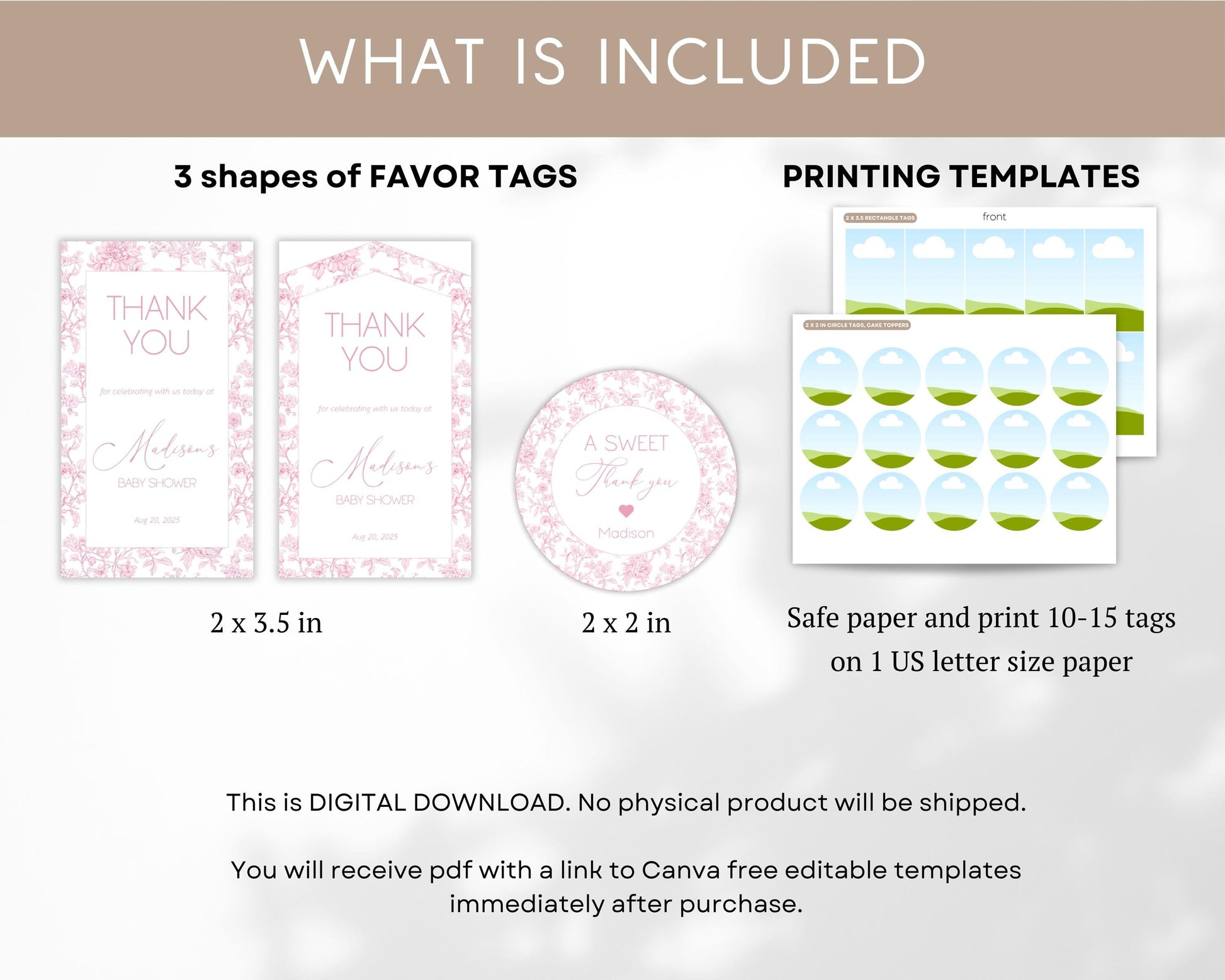 Pink Toile Floral Favor Tag Baby in Bloom Shower Circle Favor Tag Editable Template Rectangle Chinoiserie Favor Tag Printable Party Gift Tag - LAUMIANstudio