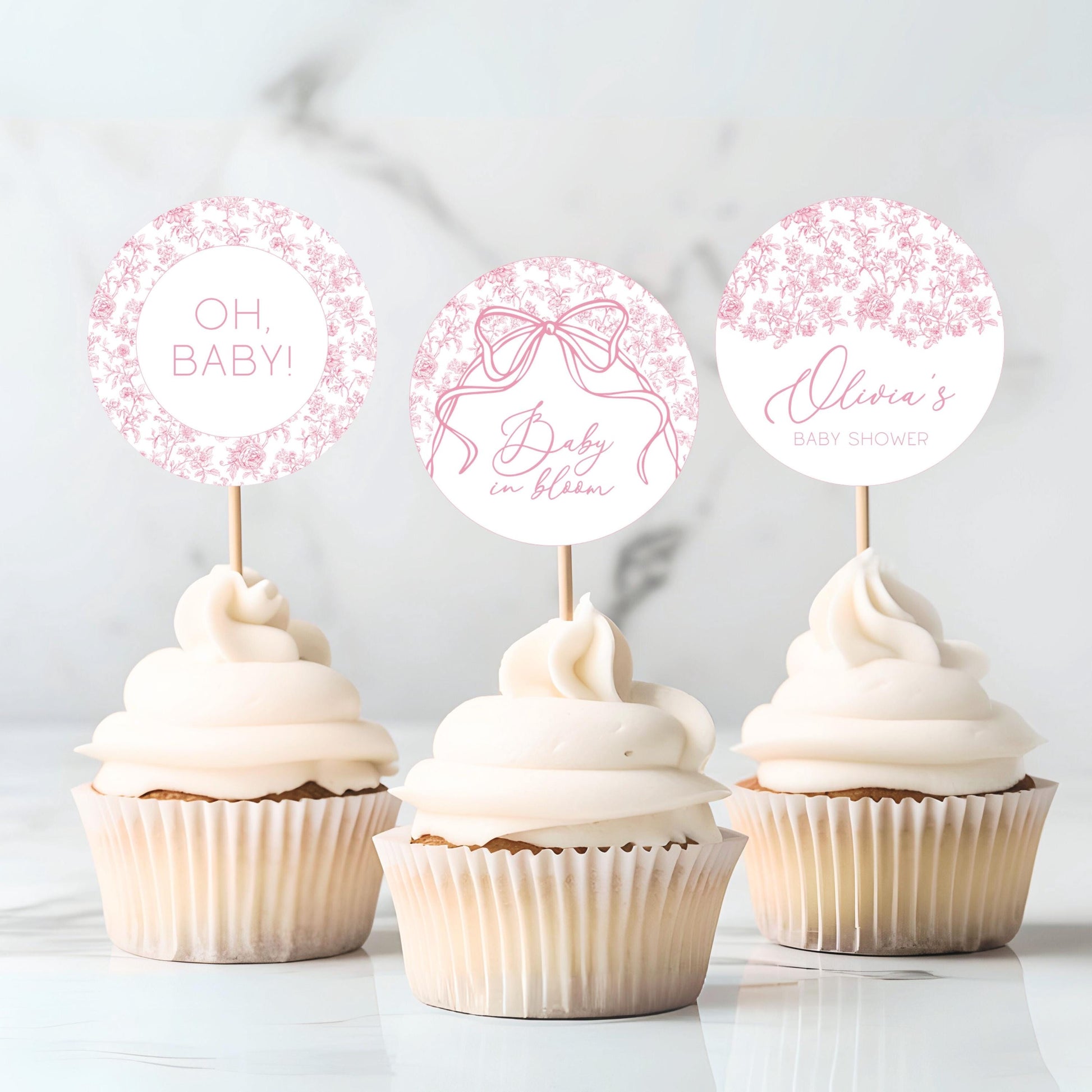Pink Bow Cupcake Topper Baby Shower Decor Blush Pink Toile Cupcake Topper Canva Template Pink Floral Cake Dessert Decor Baby in Bloom - LAUMIANstudio