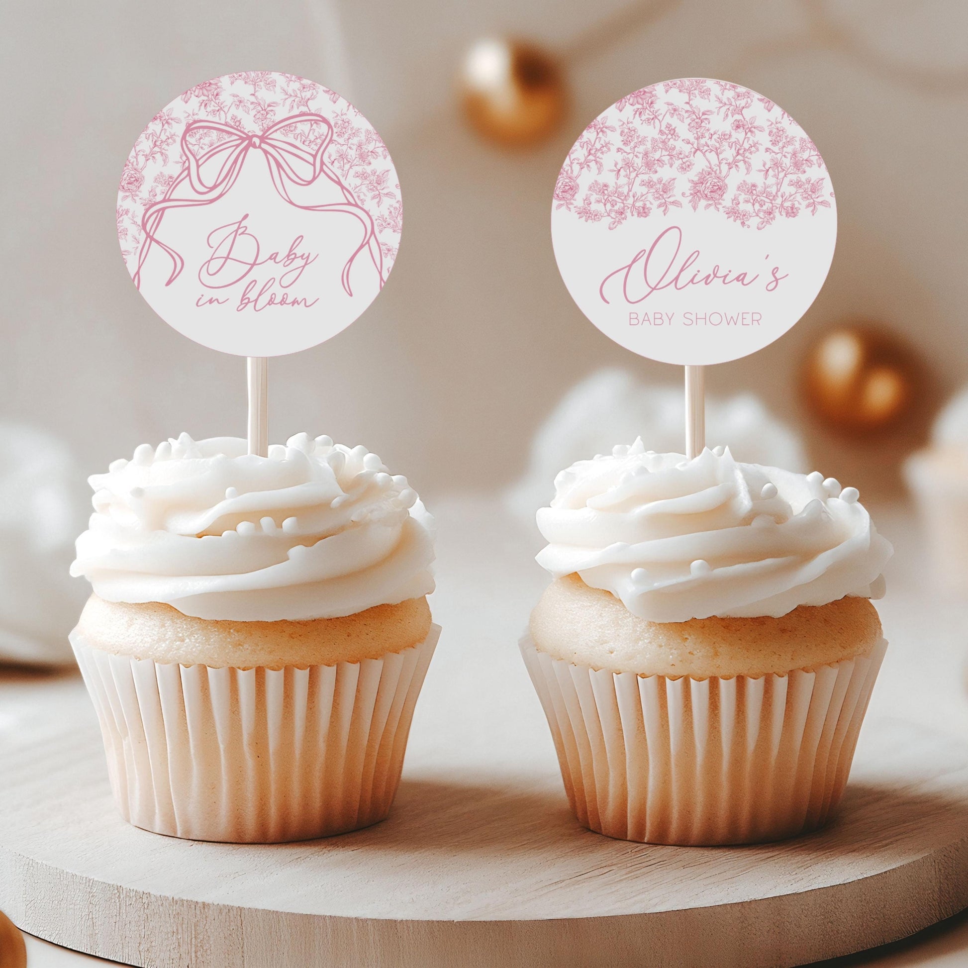 Pink Bow Cupcake Topper Baby Shower Decor Blush Pink Toile Cupcake Topper Canva Template Pink Floral Cake Dessert Decor Baby in Bloom - LAUMIANstudio