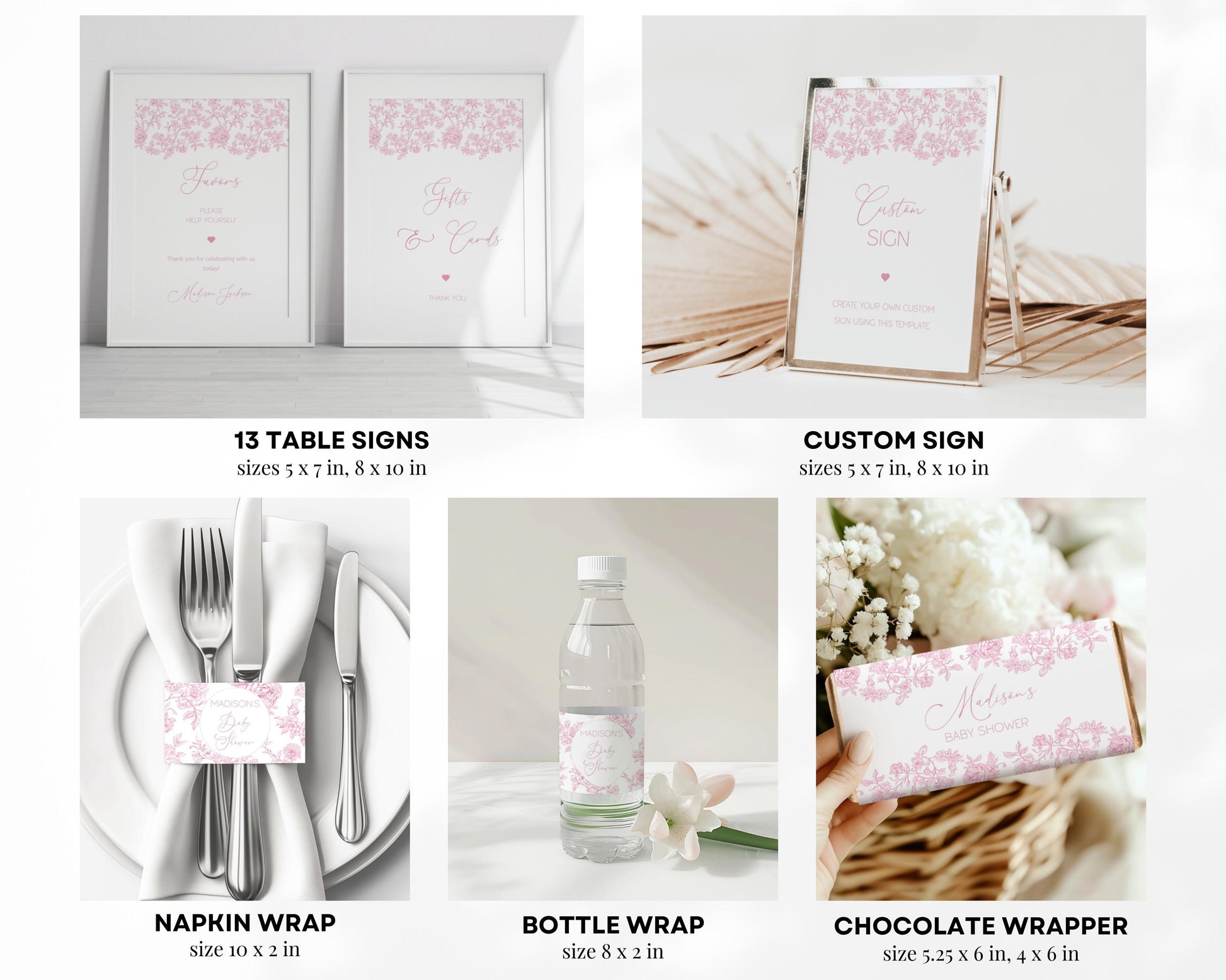 Baby in Bloom Baby Shower Bundle Dusty Pink Bow Baby Shower Sign Vintage Pink Invite Template Rose Bow Shower Bundle Chinoiserie Floral Sign - LAUMIANstudio