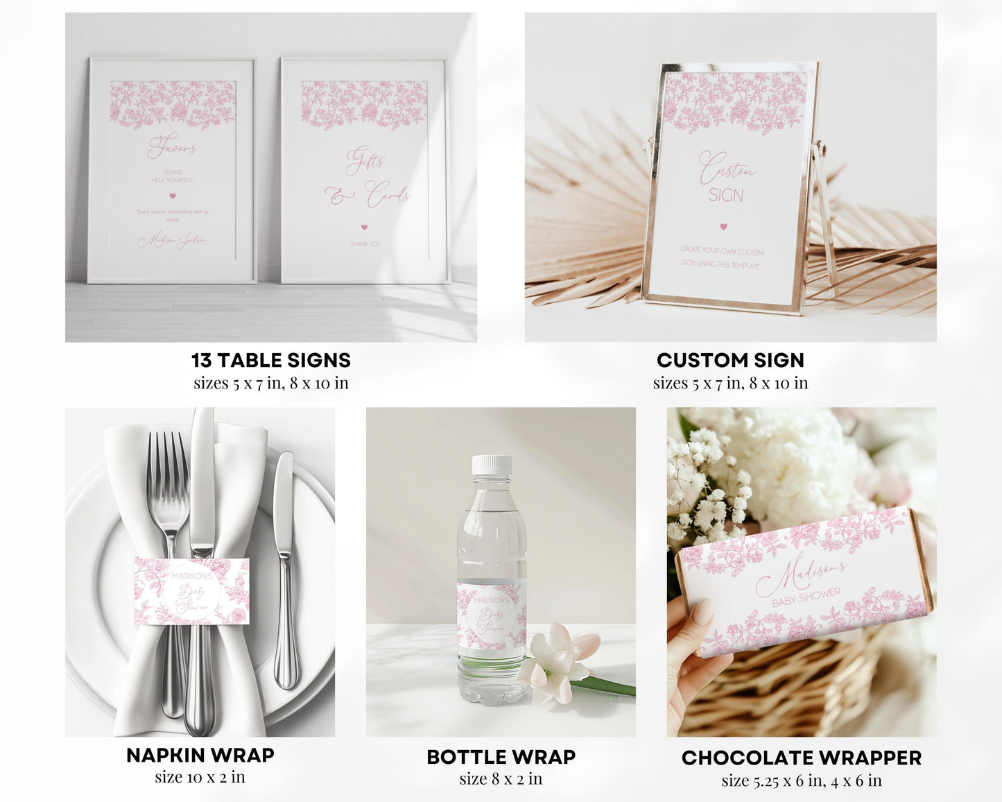 Pink Floral Baby Shower Bundle Editable Toile Flower Shower Bundle Template Dusty Pink Toile de Jouy Shower Decor Elegant Summer Shower Sign - LAUMIANstudio