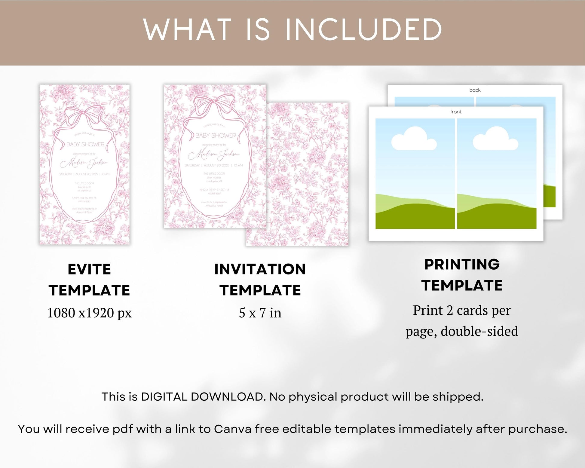 Pink Bow Invitation Template Pink Baby Girl Shower Evite Luxury Dior Style Blush Pink Digital Invite Pink Toile Floral Invitation DIY Canva - LAUMIANstudio