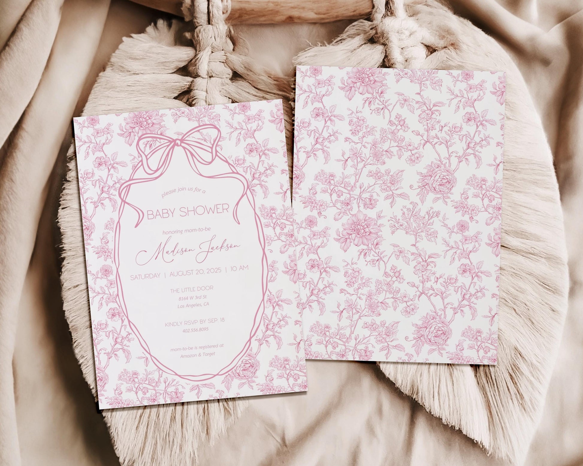 Baby in Bloom Shower Invitation Minimalist Pink Bow Invite Card Books for Baby Card Diaper Raffle Card Floral Shower Invitation Template - LAUMIANstudio