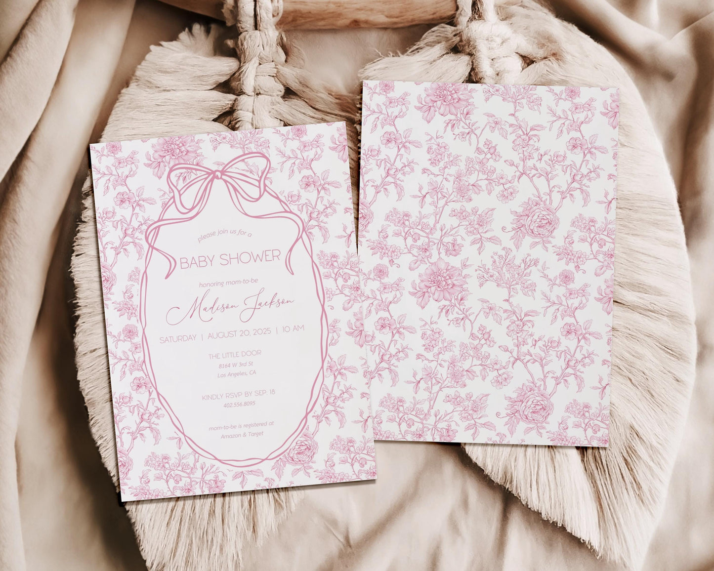 Pink Bow Invitation Template Pink Baby Girl Shower Evite Luxury Dior Style Blush Pink Digital Invite Pink Toile Floral Invitation DIY Canva - LAUMIANstudio