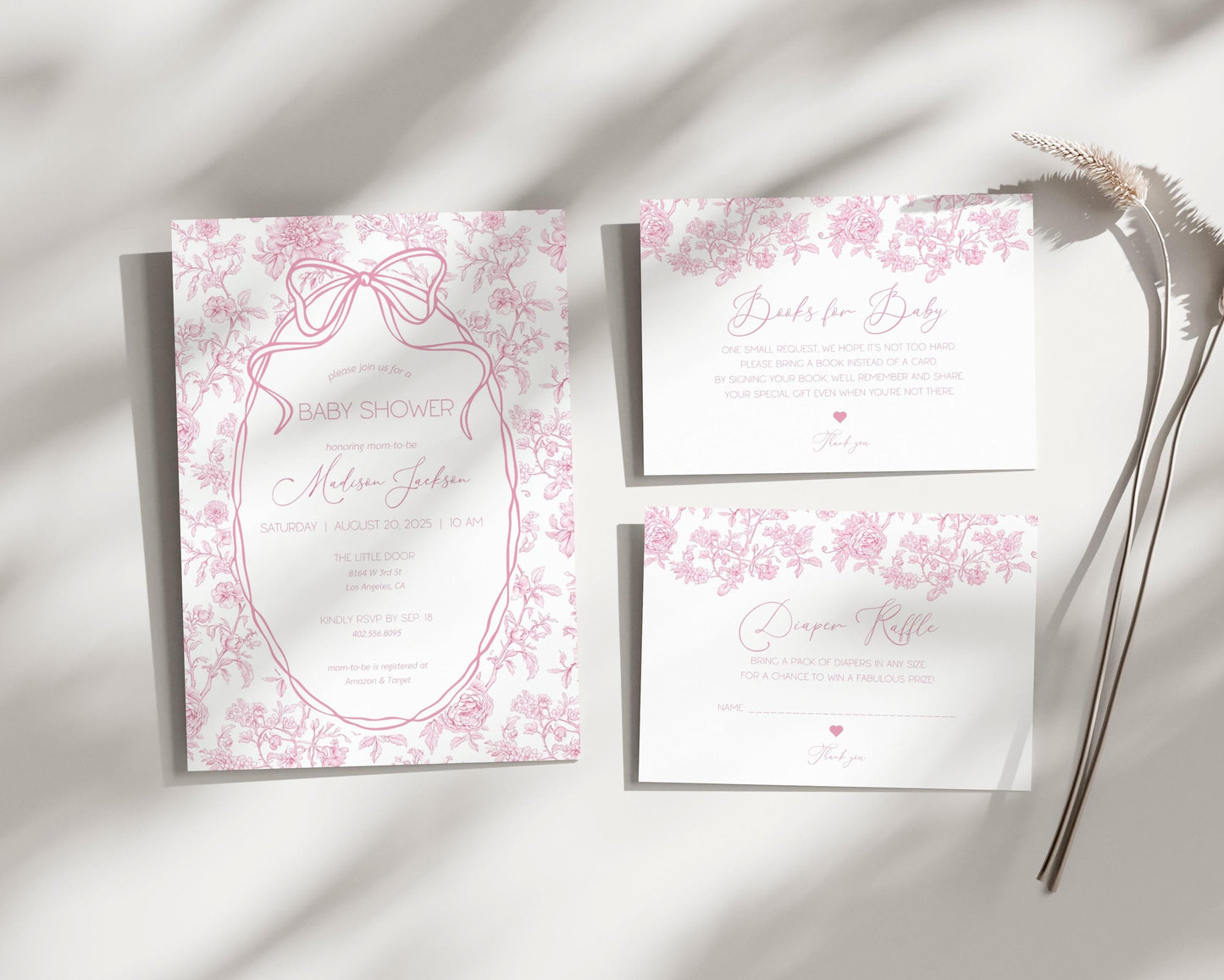 Baby in Bloom Shower Invitation Minimalist Pink Bow Invite Card Books for Baby Card Diaper Raffle Card Floral Shower Invitation Template - LAUMIANstudio