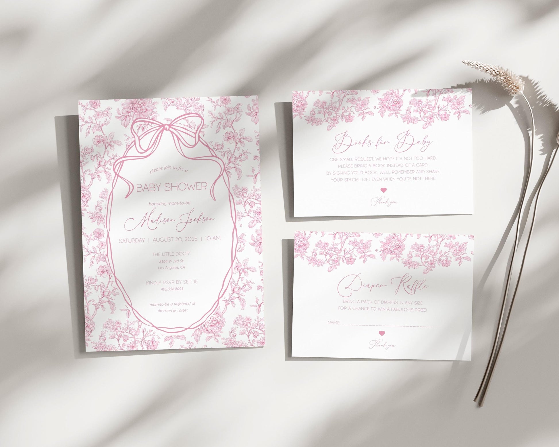 Baby in Bloom Shower Invitation Minimalist Pink Bow Invite Card Books for Baby Card Diaper Raffle Card Floral Shower Invitation Template - LAUMIANstudio