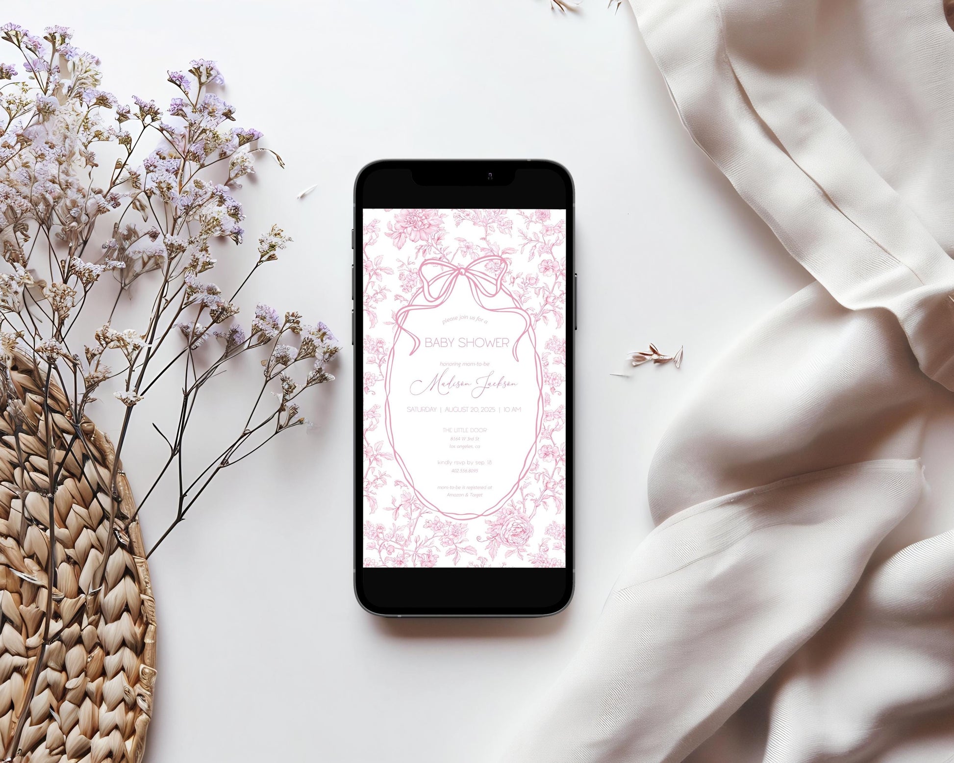 Pink Bow Mobile Invitation Template Baby Girl Shower Digital Invite Pink Floral Toile Evite Elegant Minimalist Invite Baby in Bloom Evite - LAUMIANstudio