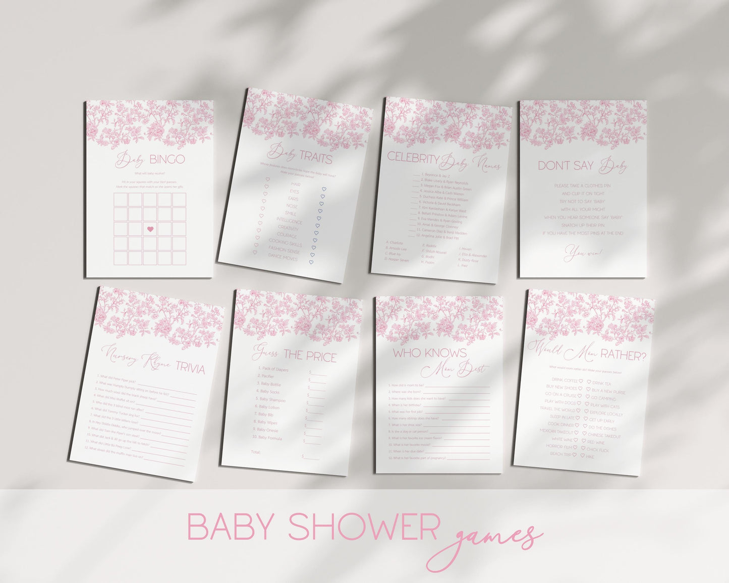 Baby in Bloom Shower Game Bundle Blush Pink Bow Baby Shower Game Set Editable Canva Template Summer Floral Shower Party Game Flower Theme - LAUMIANstudio