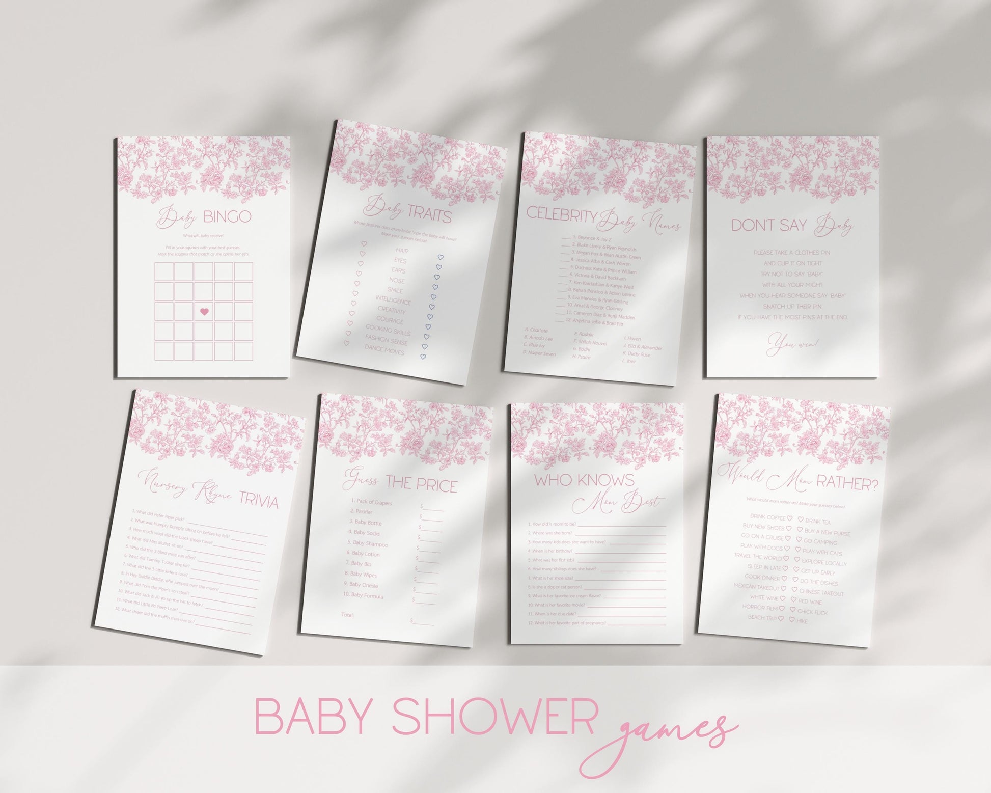 Baby in Bloom Shower Game Bundle Blush Pink Bow Baby Shower Game Set Editable Canva Template Summer Floral Shower Party Game Flower Theme - LAUMIANstudio