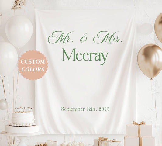 Personalized Mr. & Mrs. Backdrop Minimalist Wedding Banner Sage Green Wedding Decor Custom Bridal Shower Sign Mr Mrs Tapestry Boho Wedding - LAUMIANstudio