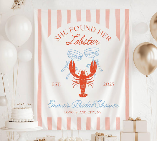 Lobster Bachelorette Backdrop She Found Her Lobster Party Decor Lobster Martini Bridal Shower Custom Banner Orange Lobster Wall Tapestry - LAUMIANstudio