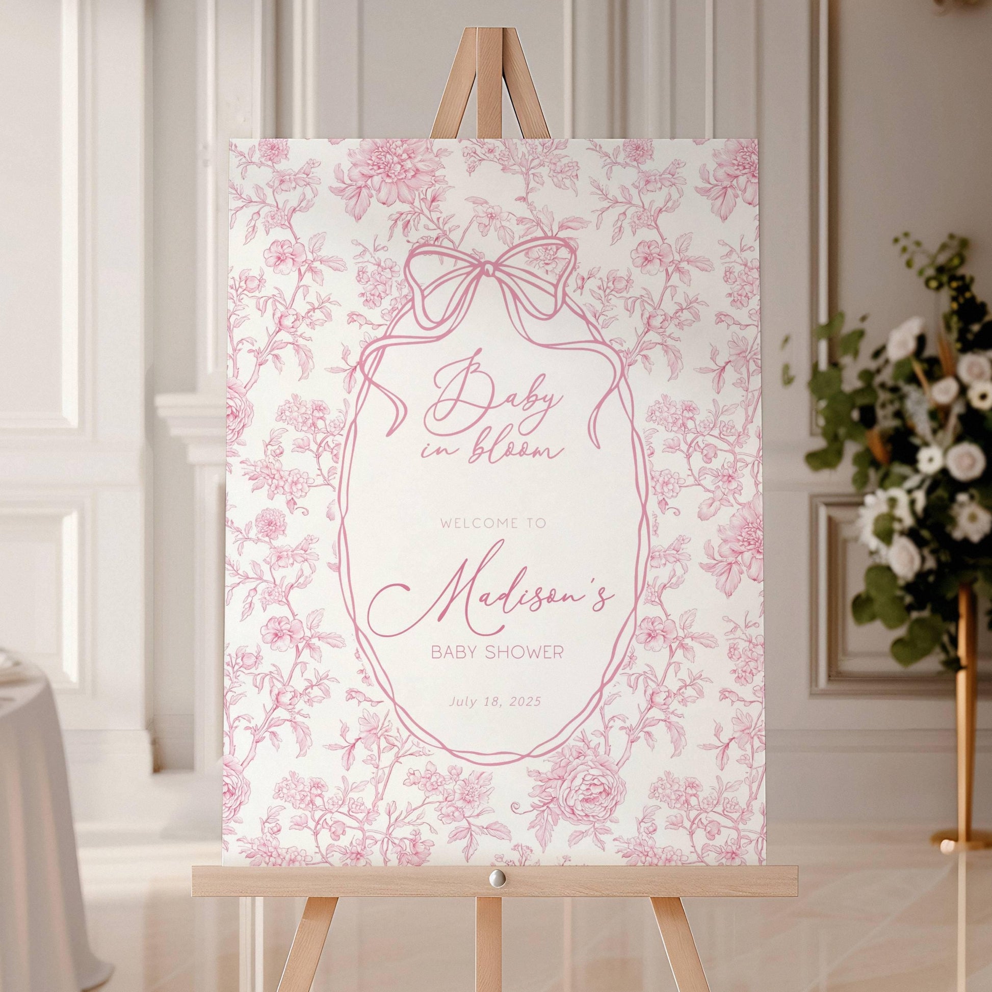 Pink Baby in Bloom Welcome Sign Template Blush Pink Toile Floral Baby Shower Sign Pink Bow Baby Girl Shower Decor Baby in Bloom Poster DIY - LAUMIANstudio